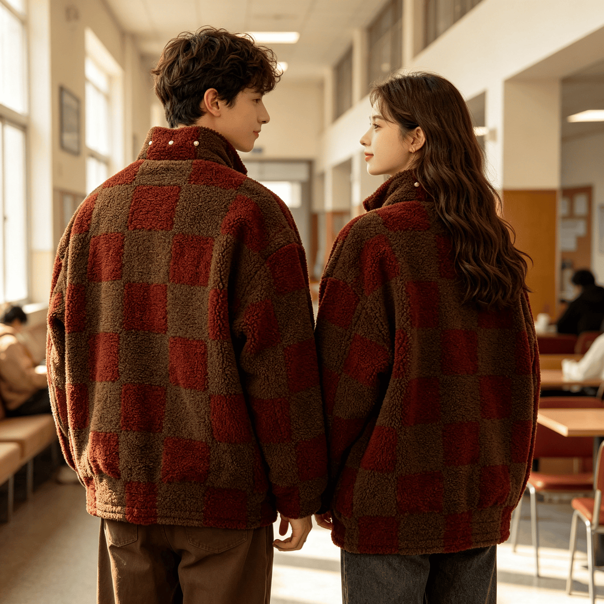 Brown & Red Checkered Sherpa Fleece Jacket by JEVPE