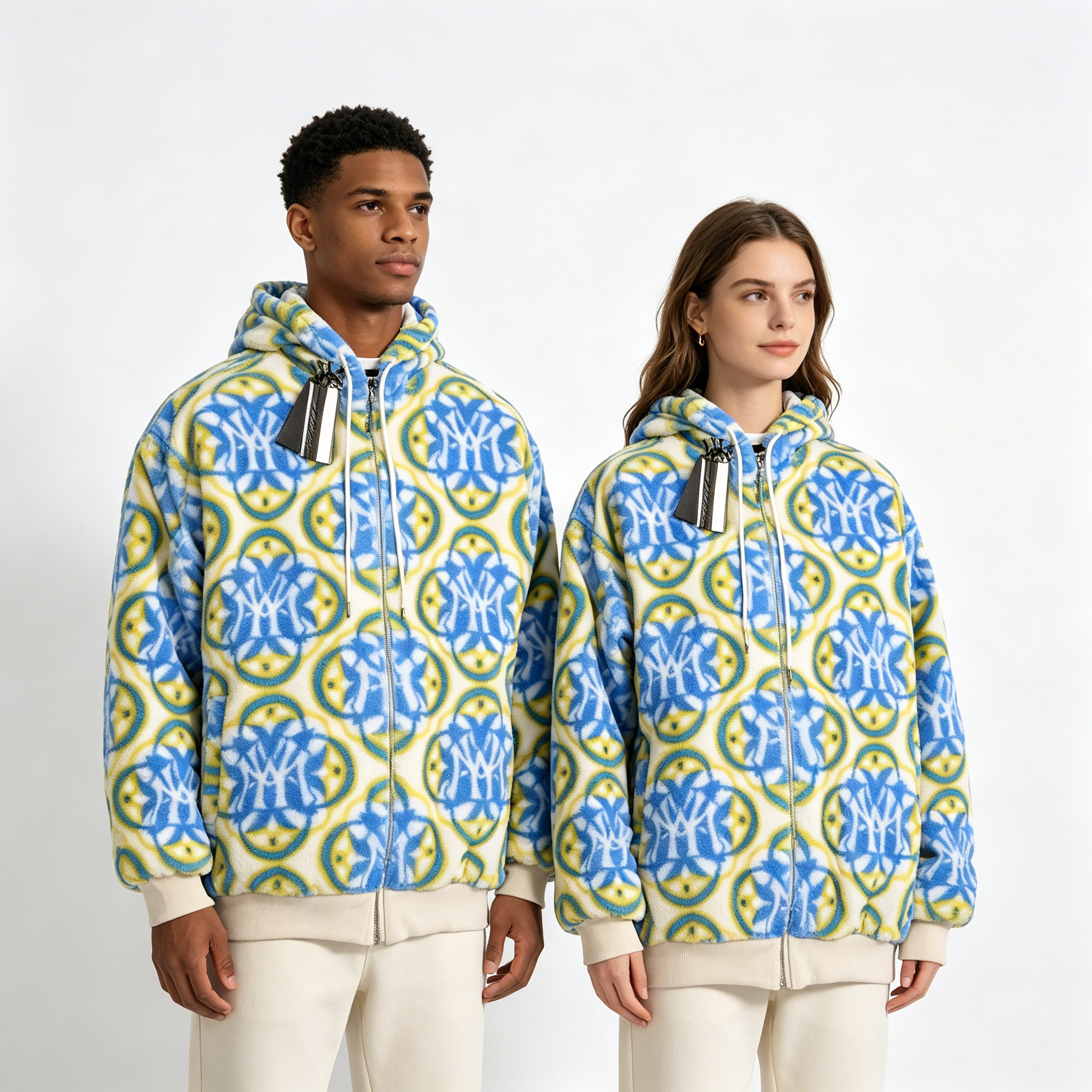 Blue & Yellow Monogram Faux Fur Hooded Jacket | Cozy Streetwear Zip-Up Coat
