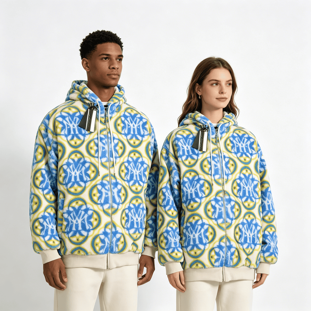Blue & Yellow Monogram Faux Fur Hooded Jacket by JEVPE