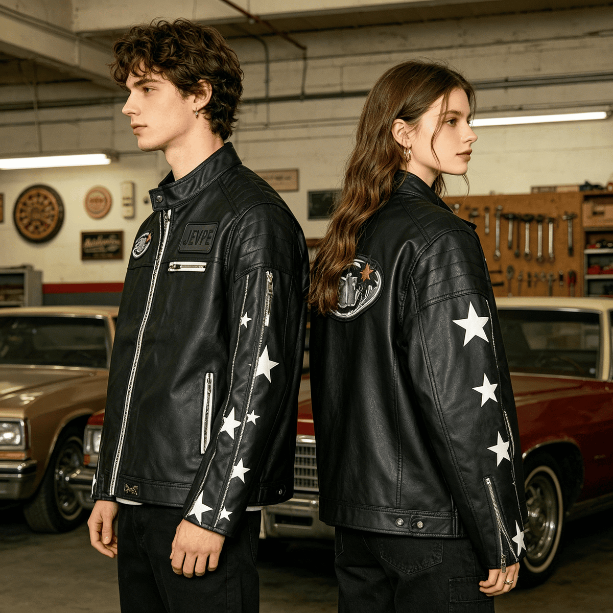 Star Print Multi-Zip Biker Leather Jacket by JEVPE