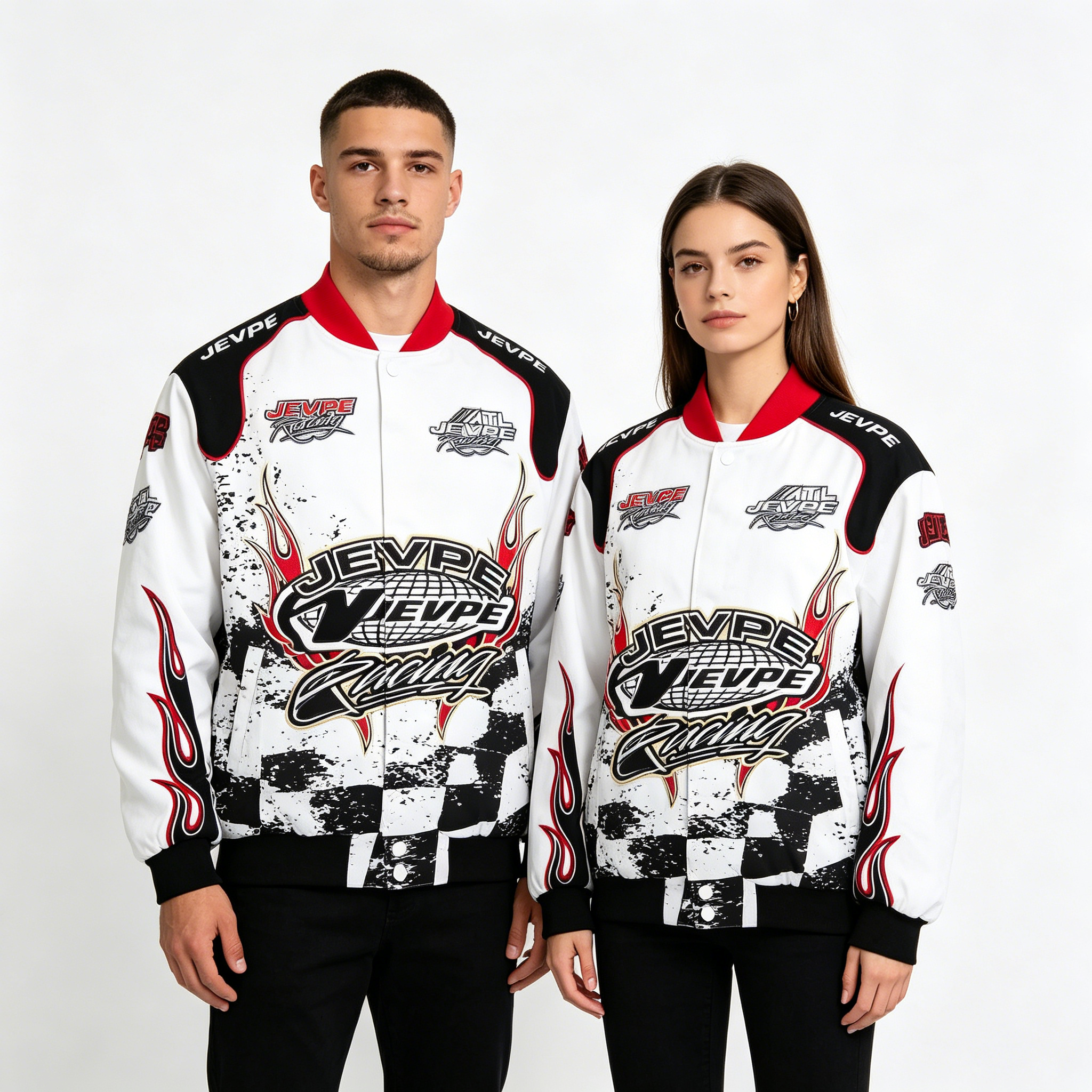 JEVPE Racing Flame Print Bomber Jacket | White & Red Streetwear Moto Coat