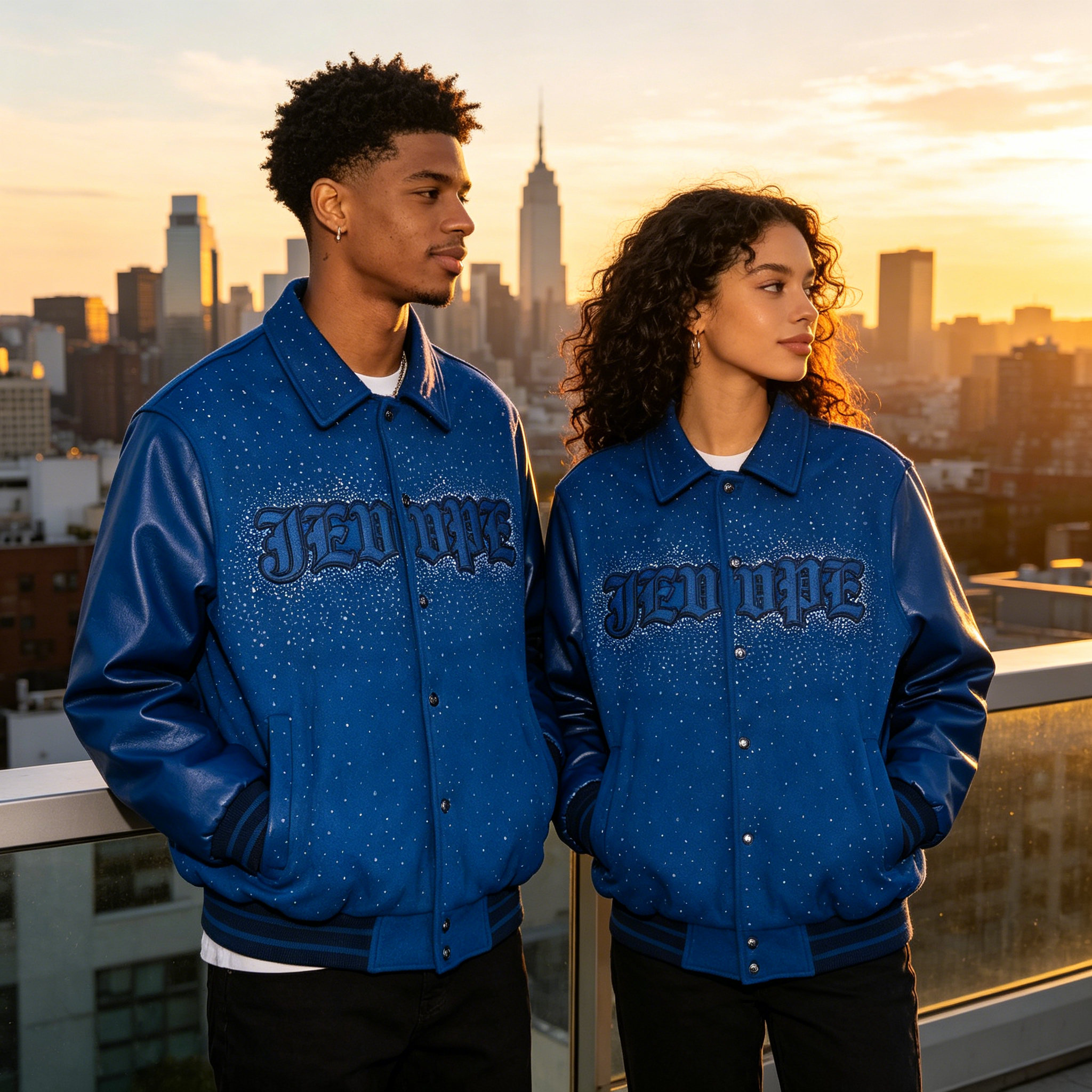 JEVPE Rhinestone Starry Embroidered Varsity Jacket | Blue Leather-Sleeve Streetwear Coat