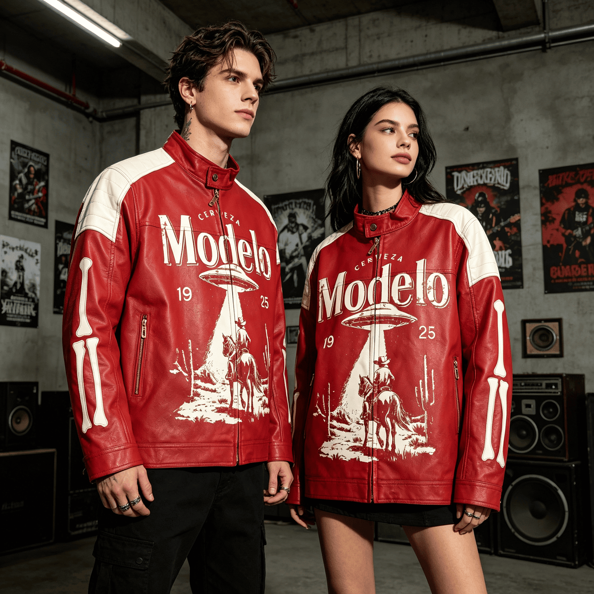 Modelo UFO Cowboy Western Print Biker Leather Jacket by JEVPE