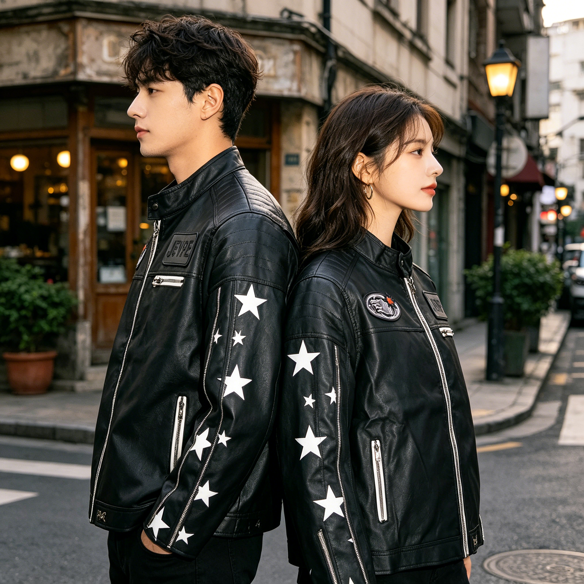 JEVPE Star Print Multi-Zip Biker Leather Jacket | Black Streetwear Moto Outerwear