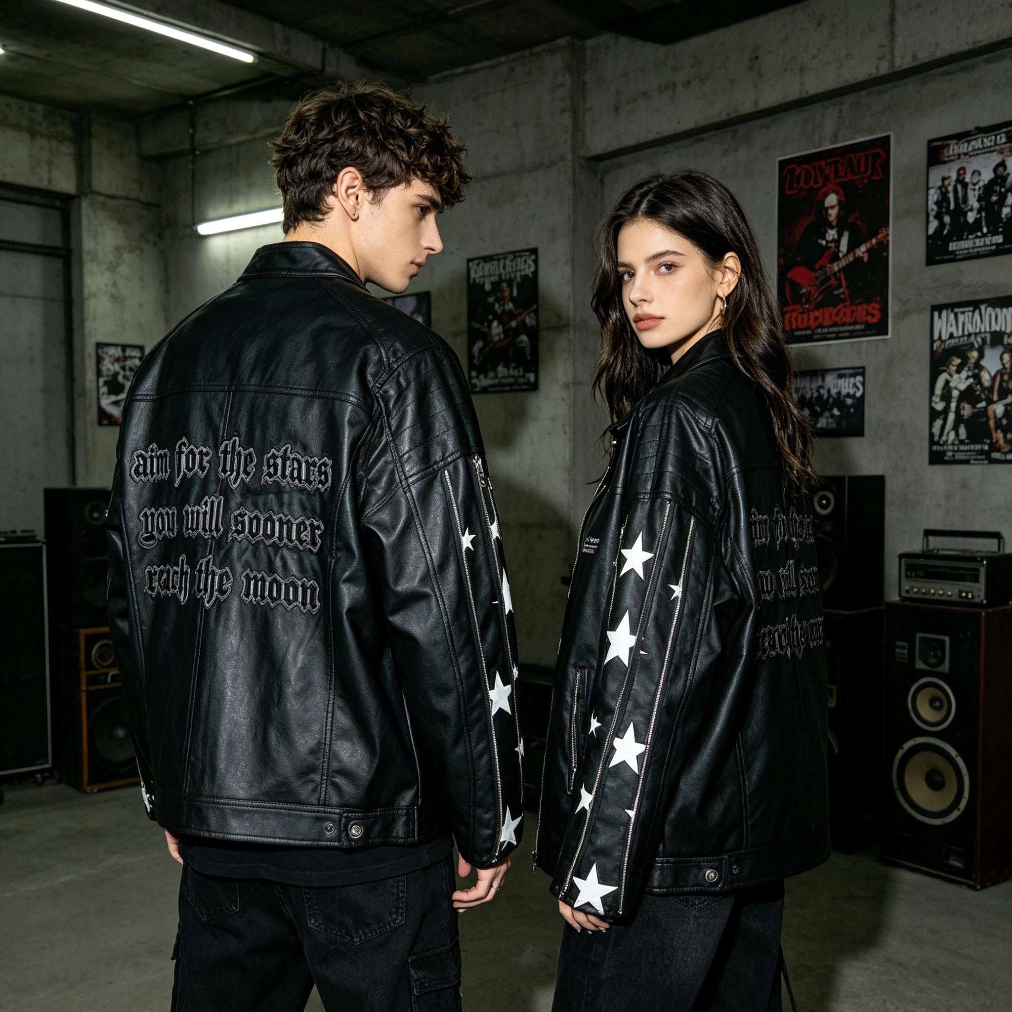 JEVPE Star Print Multi-Zip Biker Leather Jacket | Black Streetwear Moto Outerwear