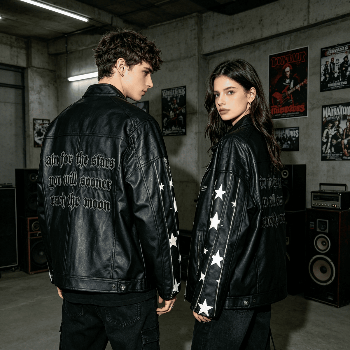 Star Print Multi-Zip Biker Leather Jacket by JEVPE