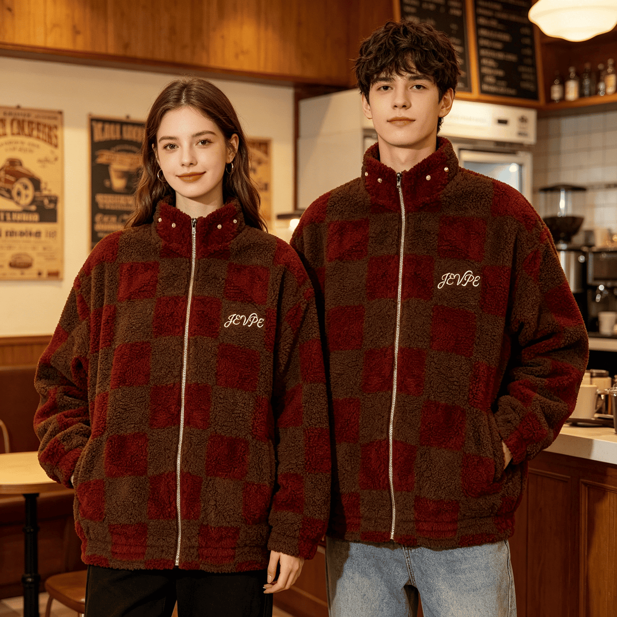 Brown & Red Checkered Sherpa Fleece Jacket by JEVPE