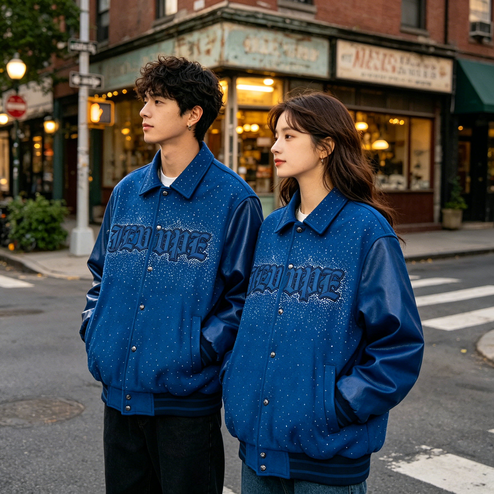 JEVPE Rhinestone Starry Embroidered Varsity Jacket | Blue Leather-Sleeve Streetwear Coat