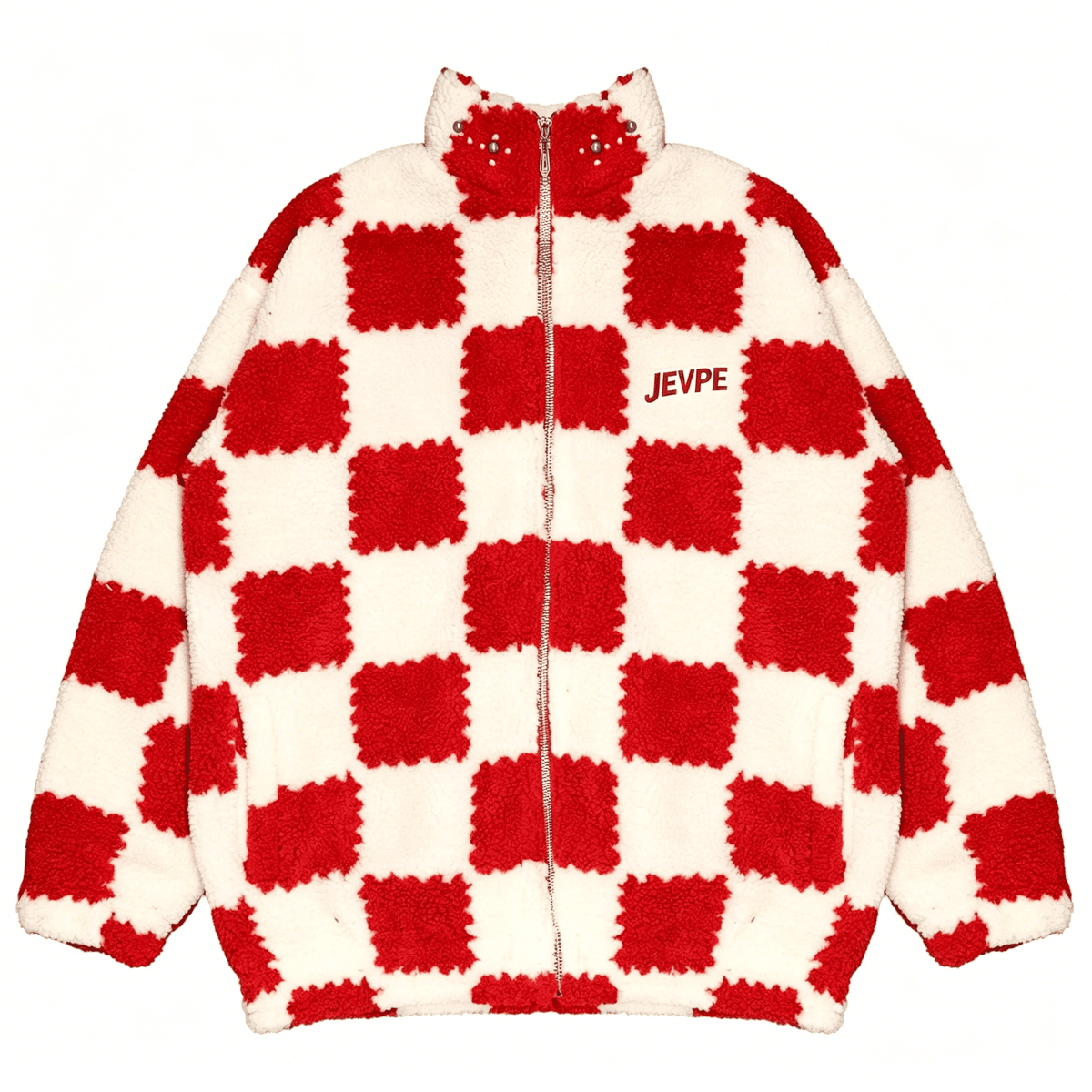 Red & White Checkerboard Sherpa Fleece Jacket by JEVPE