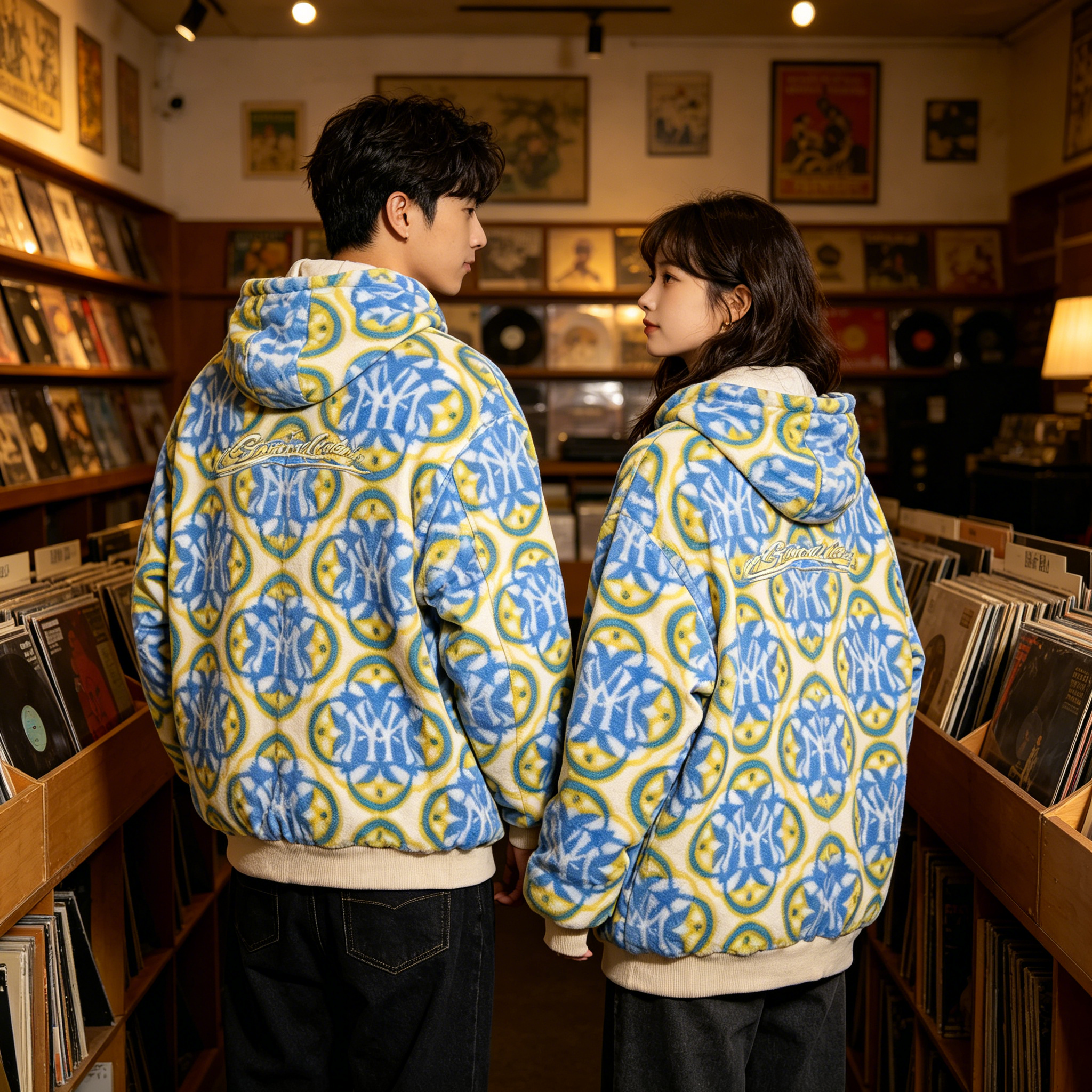 Blue & Yellow Monogram Faux Fur Hooded Jacket | Cozy Streetwear Zip-Up Coat