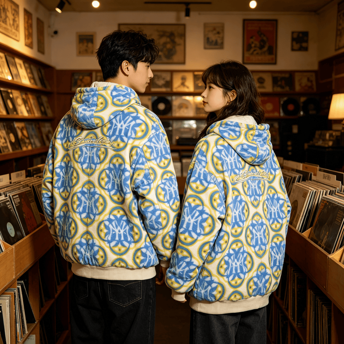 Blue & Yellow Monogram Faux Fur Hooded Jacket by JEVPE