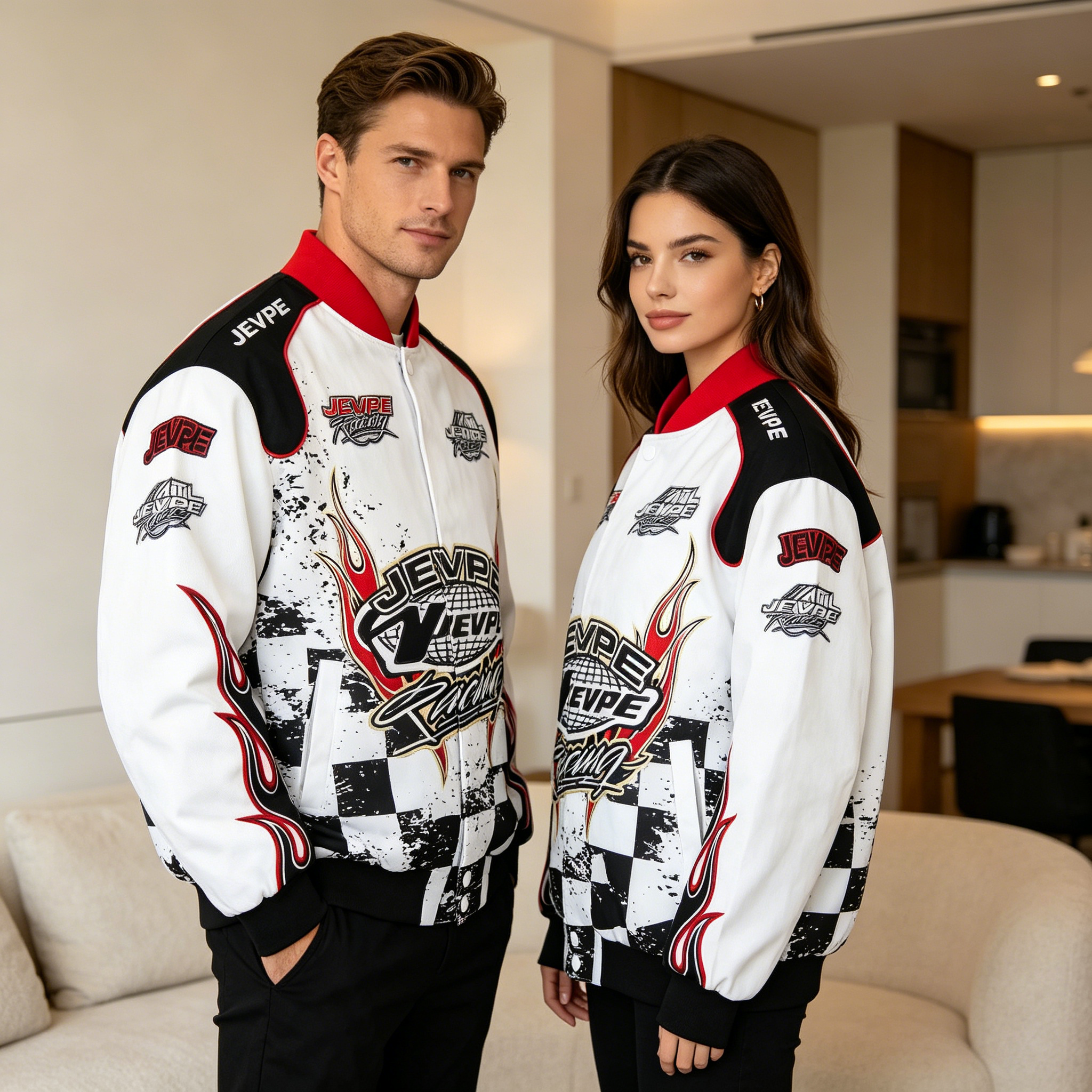 JEVPE Racing Flame Print Bomber Jacket | White & Red Streetwear Moto Coat