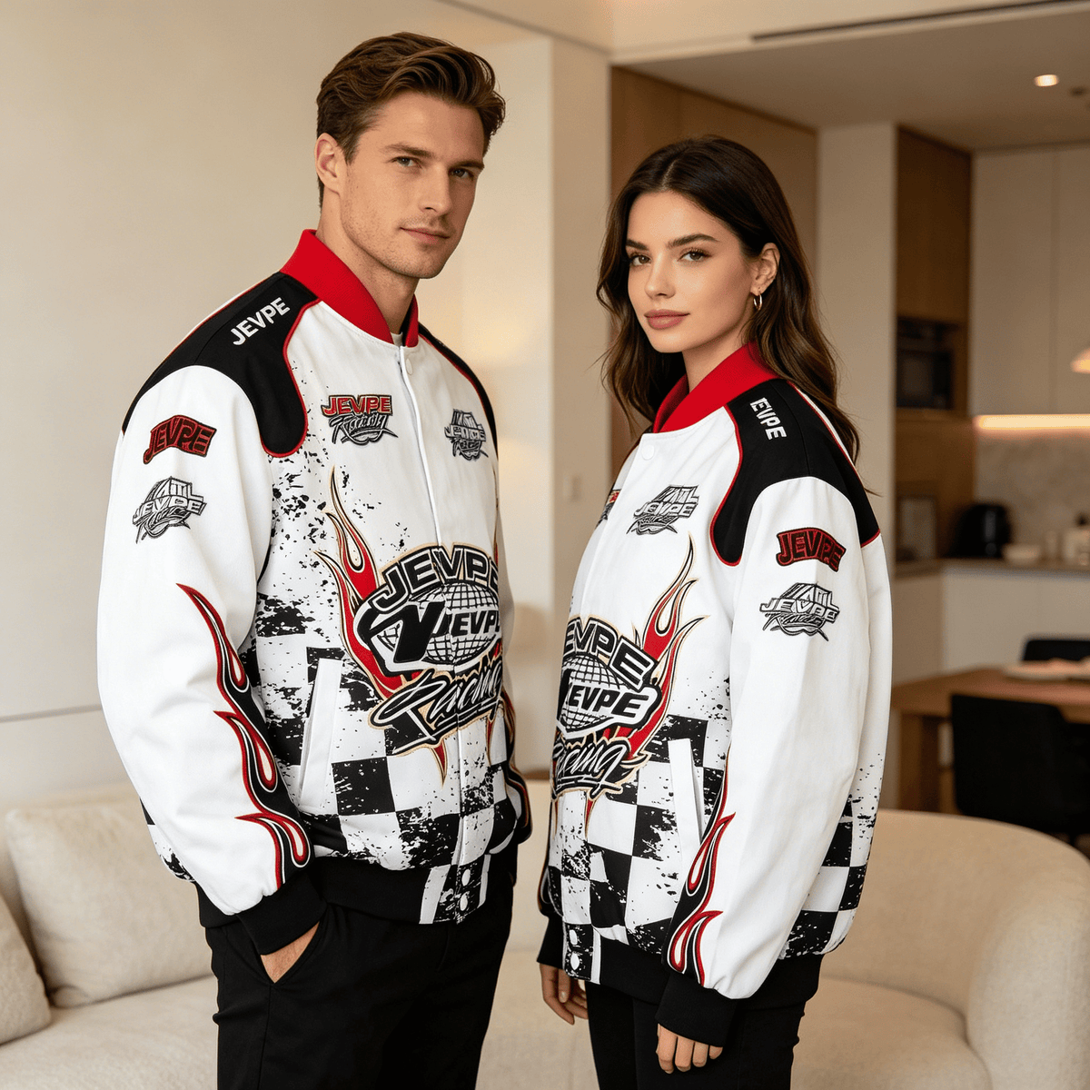 Racing Flame Print Bomber Jacket by JEVPE