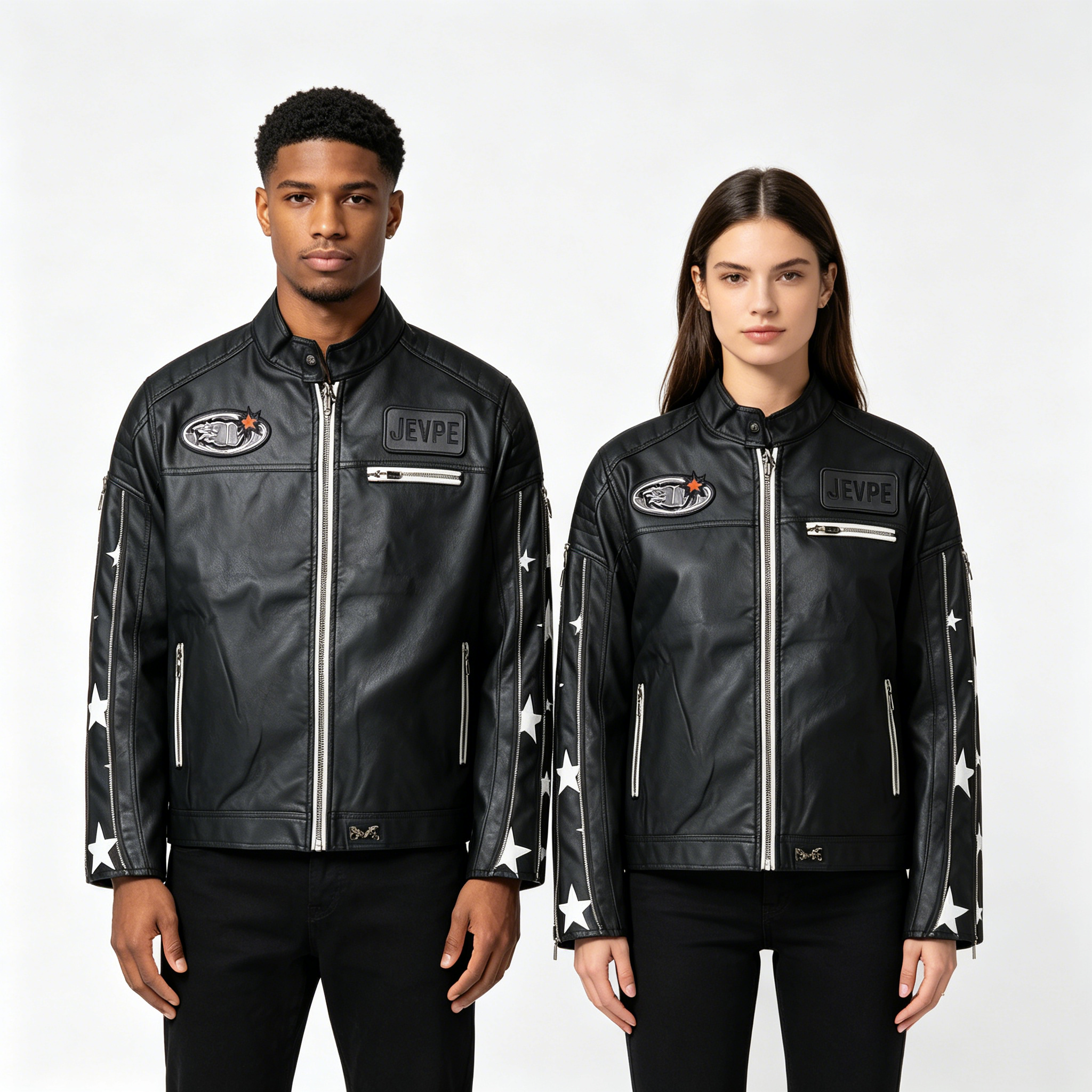 JEVPE Star Print Multi-Zip Biker Leather Jacket | Black Streetwear Moto Outerwear