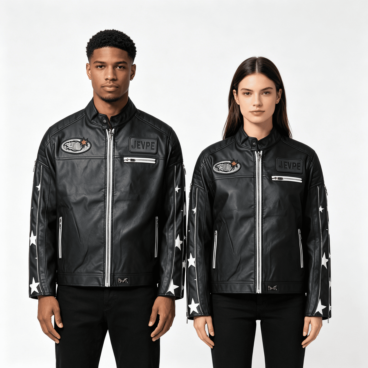 Star Print Multi-Zip Biker Leather Jacket by JEVPE