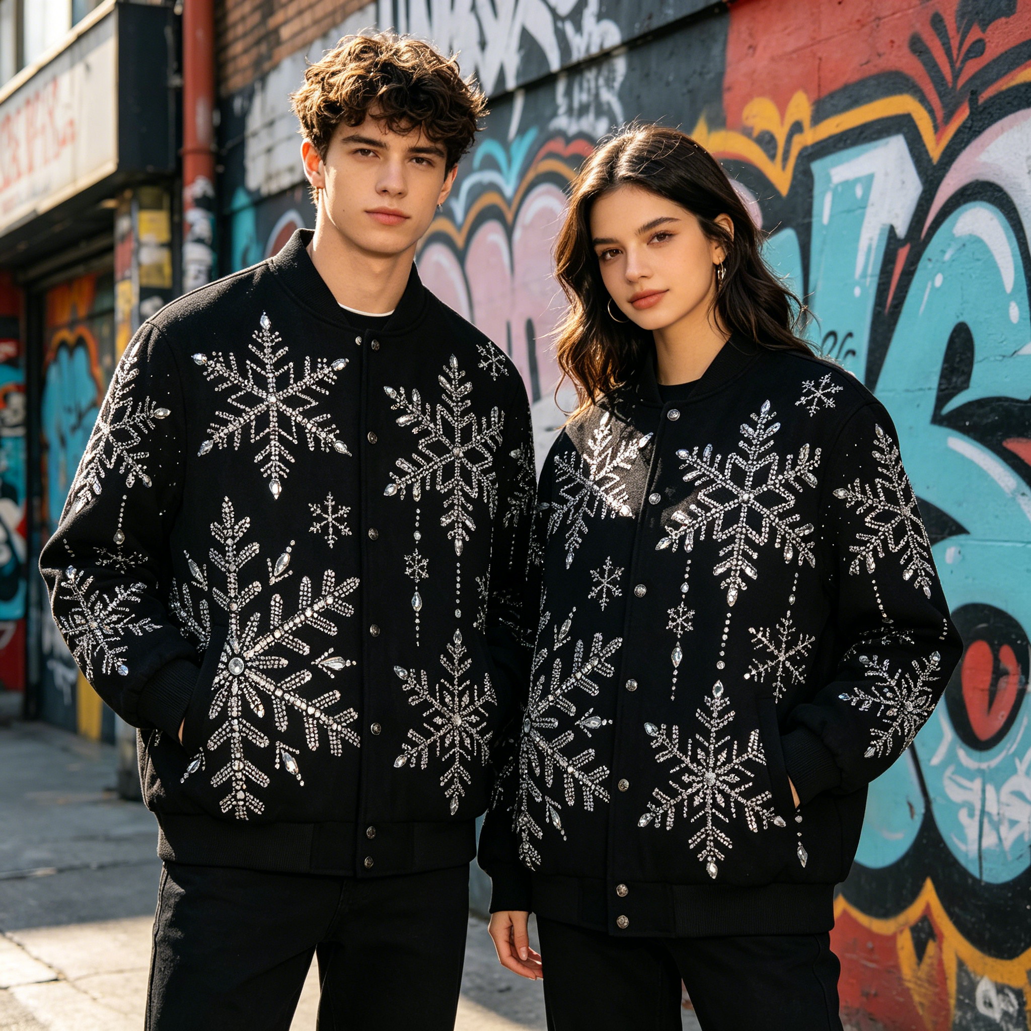 Rhinestone Snowflake Varsity Jacket | Black Sparkly Embellished Streetwear Bomber Coat