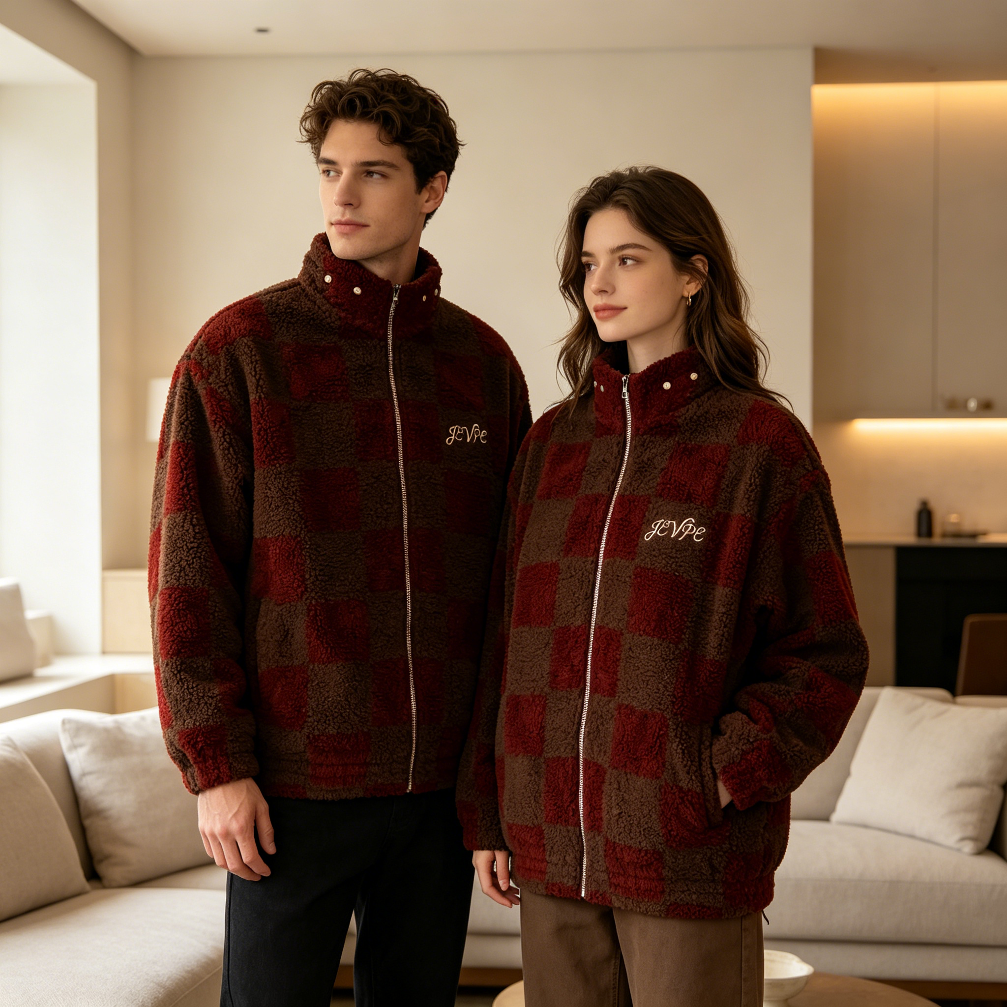 JEVPE Brown & Red Checkered Sherpa Fleece Jacket | Cozy Streetwear Zip-Up Coat