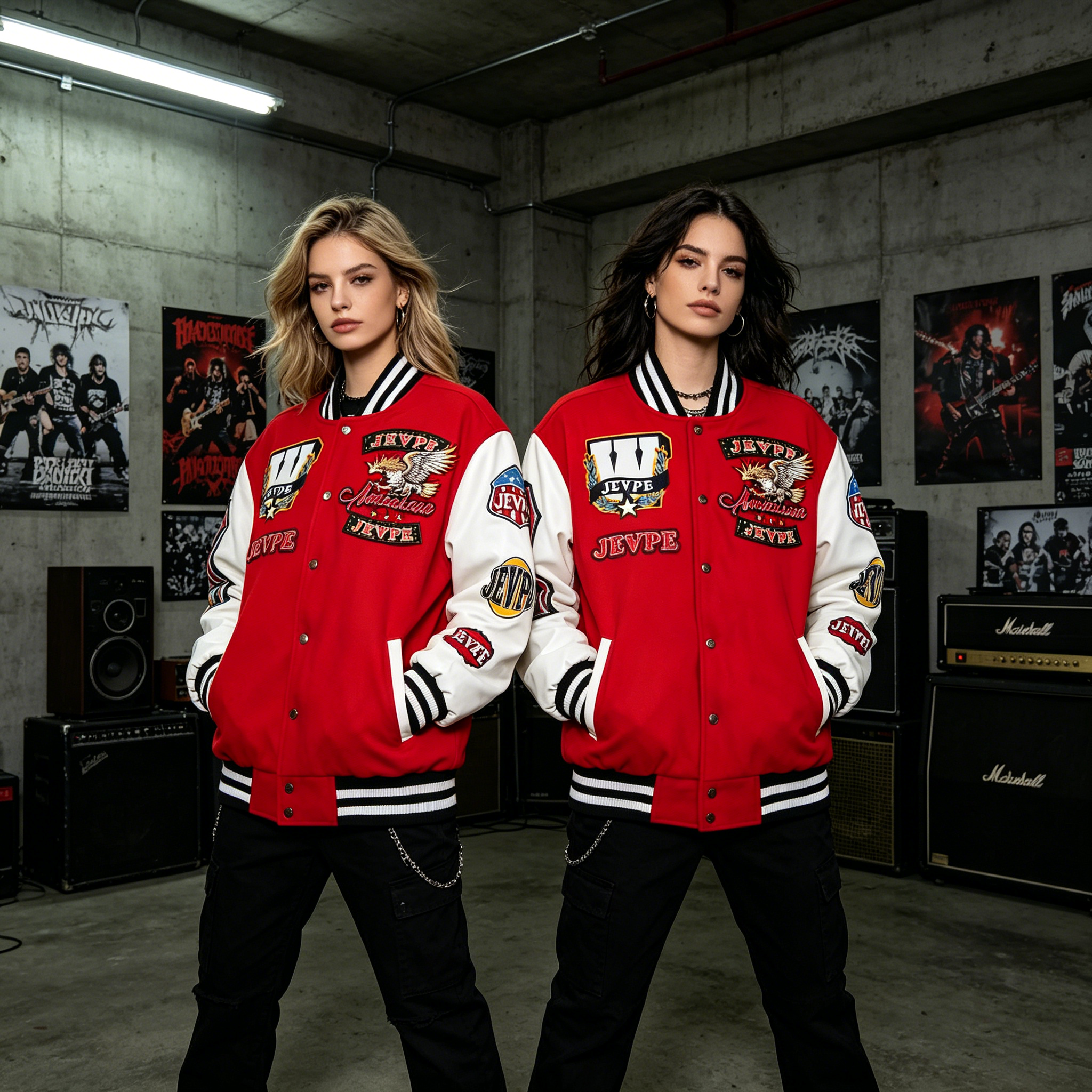 JEVPE Multi-Patch American Eagle Embroidered Varsity Jacket | Red & White Streetwear Bomber Coat