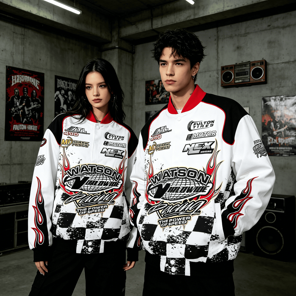 Racing Flame Print Bomber Jacket by JEVPE