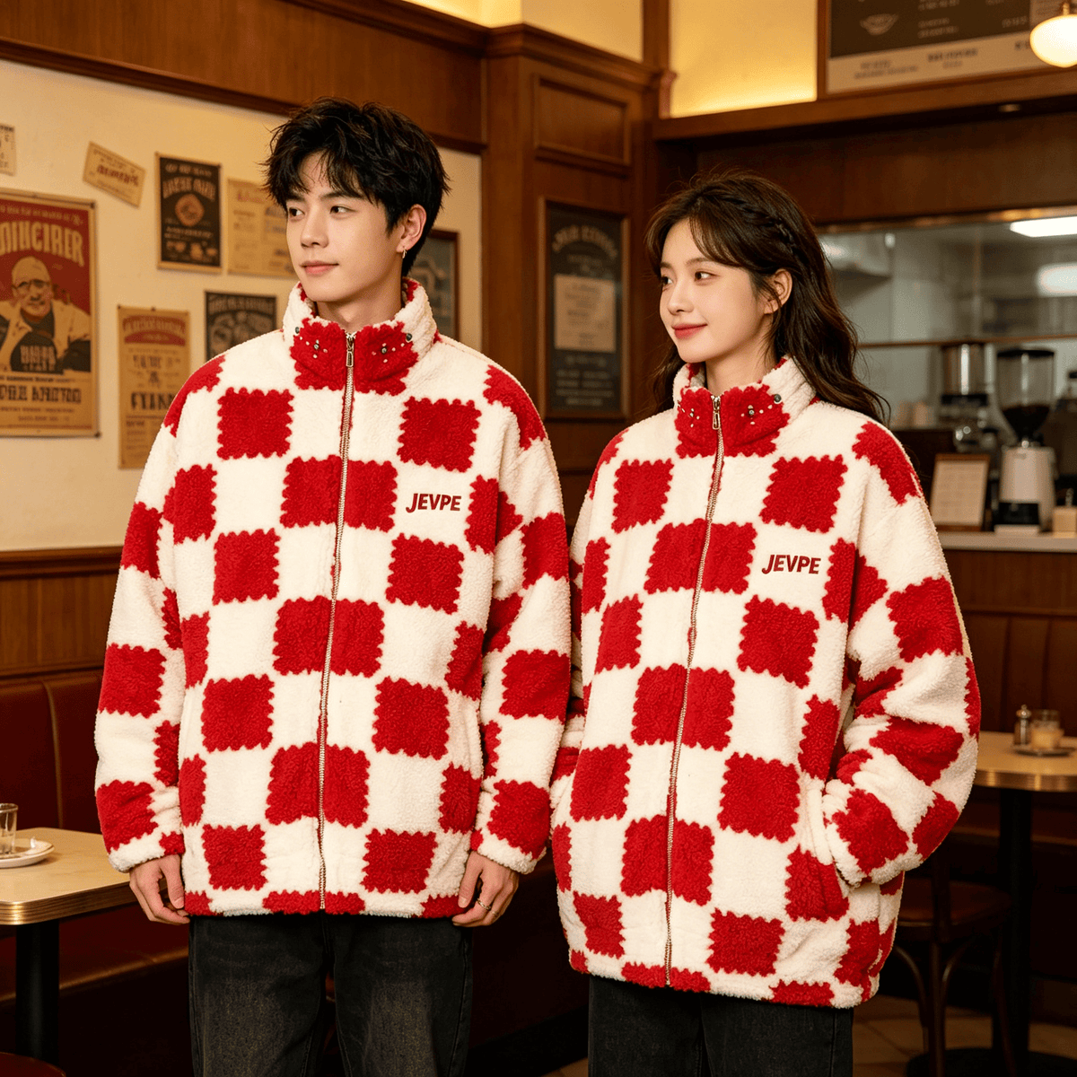 Red & White Checkerboard Sherpa Fleece Jacket by JEVPE