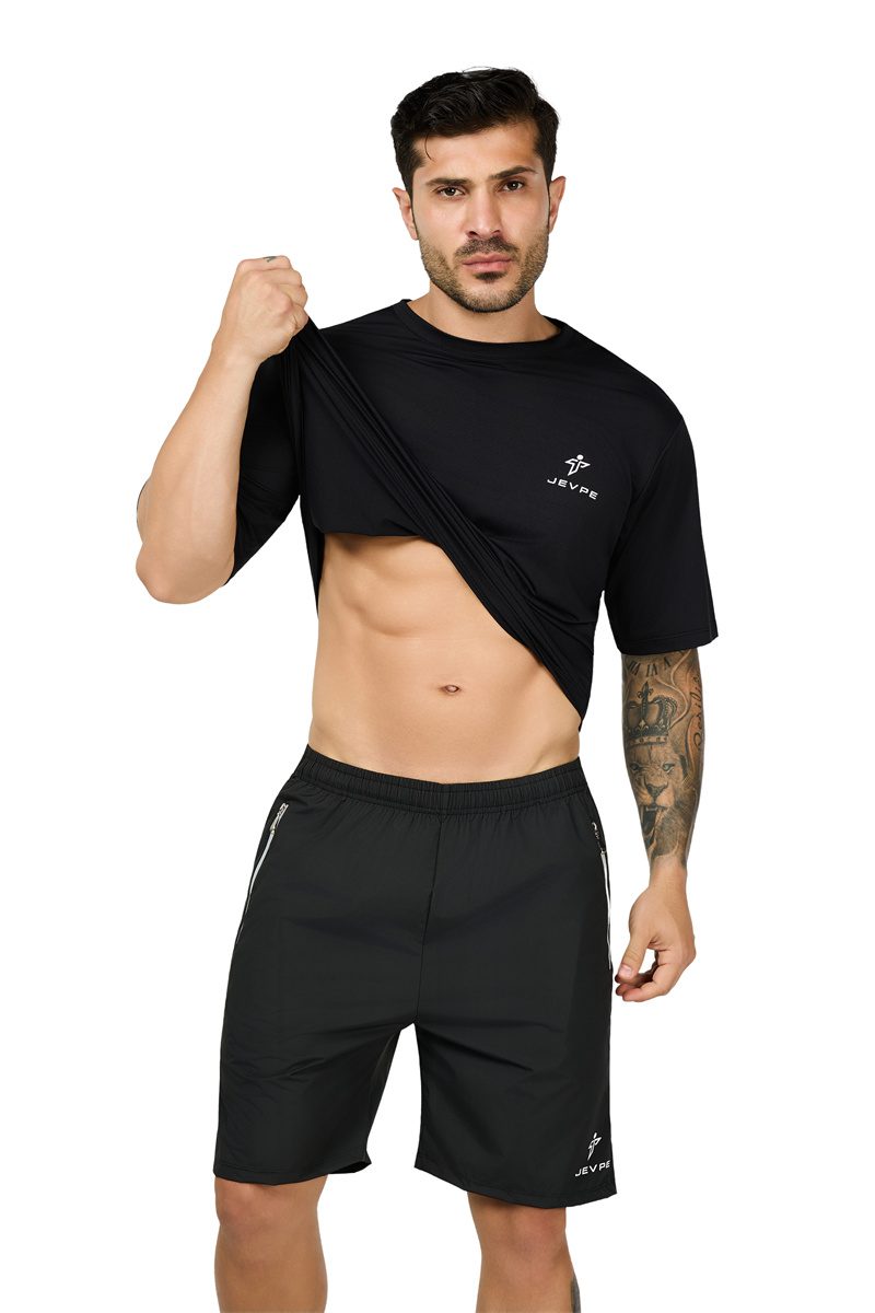 JEVPE men's black summer athletic T-shirt with short sleeves, sweat-wicking, quick-dry, and slim-fit compression for outdoor activity