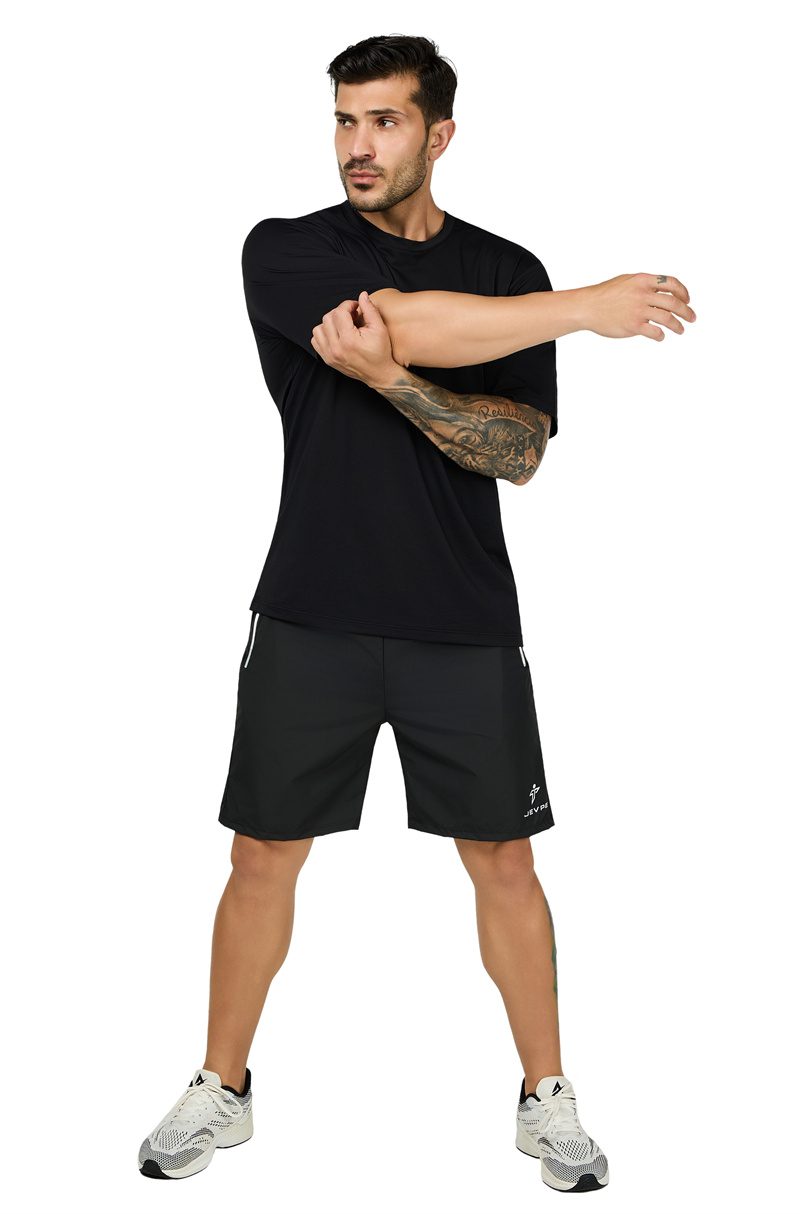 JEVPE men's black short sleeve athletic T-shirt with sweat-wicking, quick-dry fabric, slim fit, ideal for outdoor sports and casual wear.