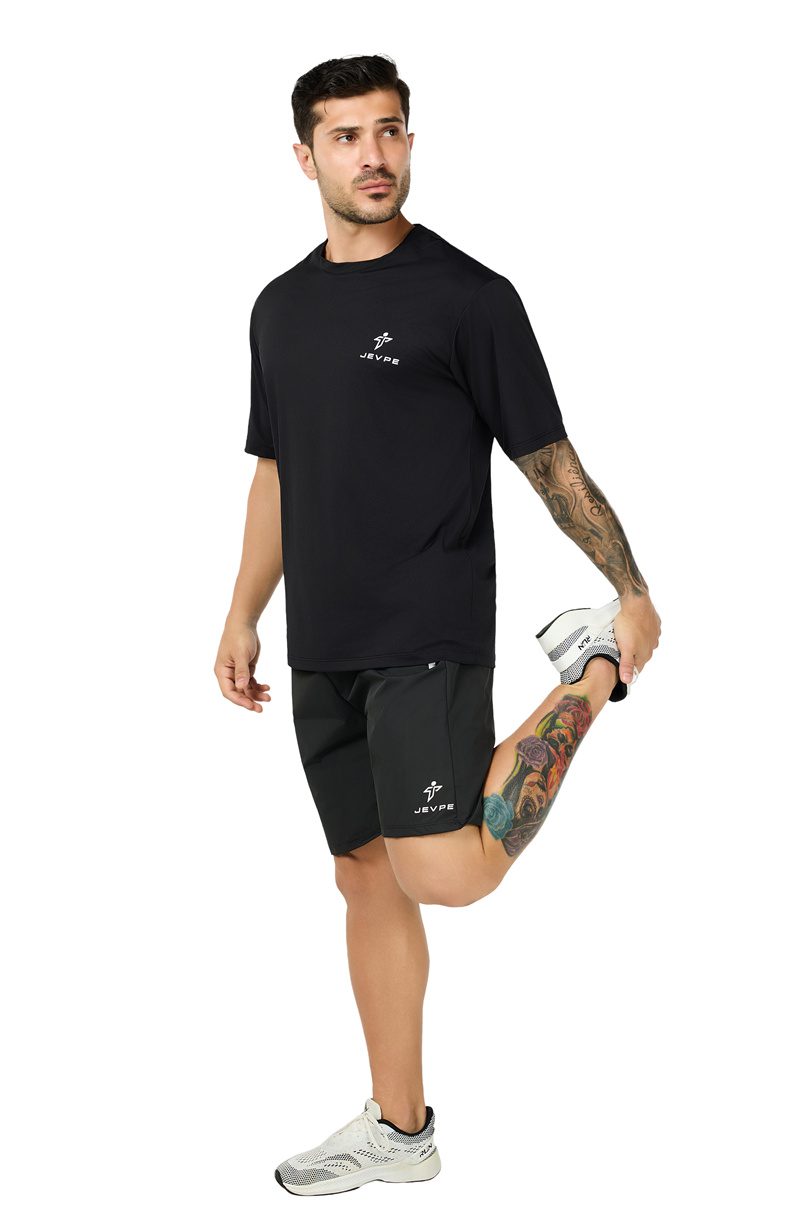JEVPE men's black short sleeve athletic T-shirt, sweat-wicking, quick-dry, slim fit, ideal for summer workouts and outdoor activities.
