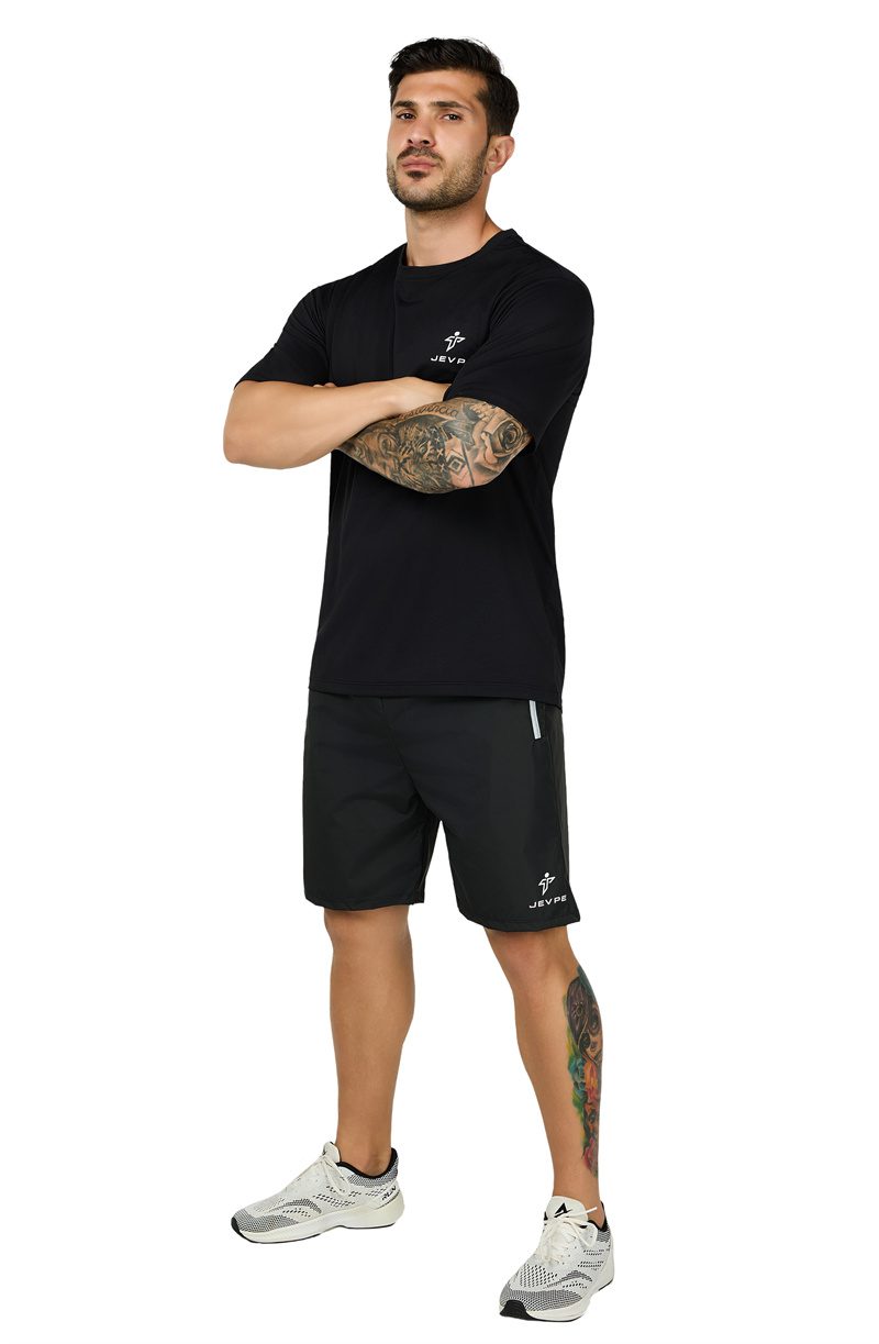 JEVPE men's black short sleeve athletic T-shirt with sweat-wicking, quick-dry, compression fit, ideal for summer outdoor activities.