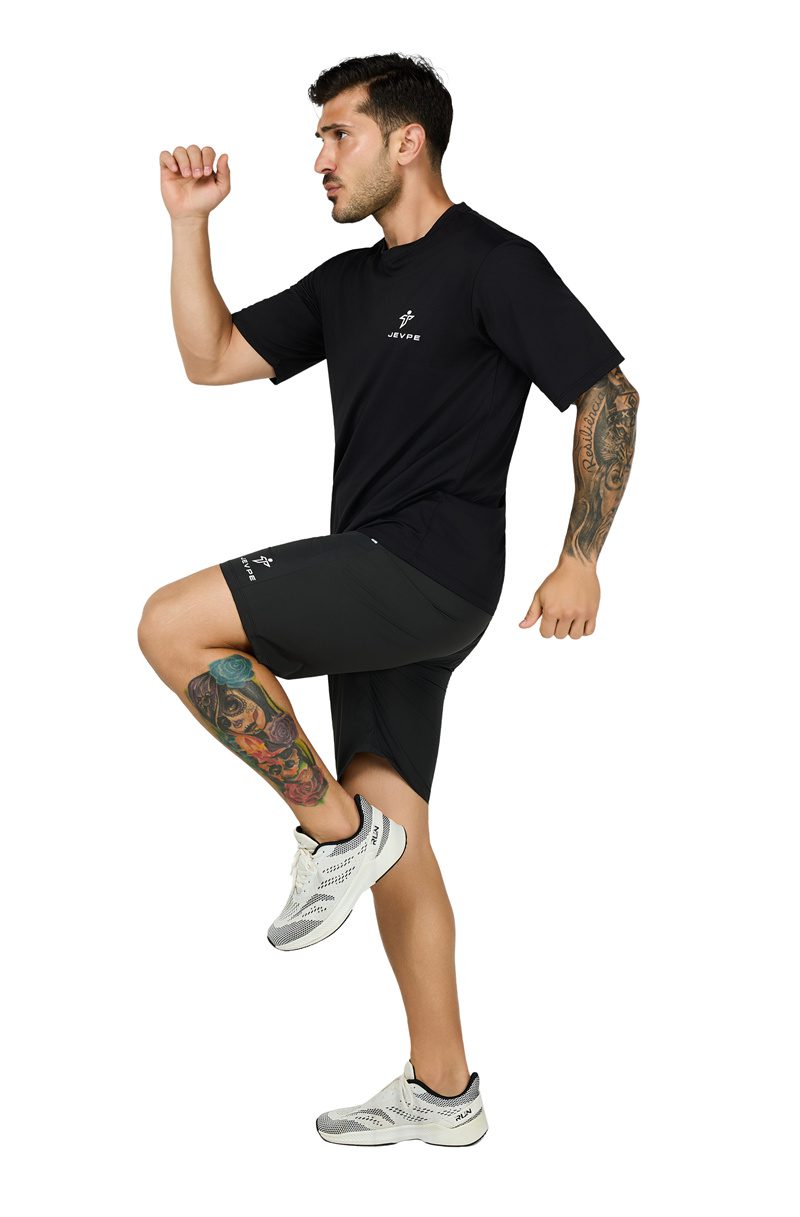 Black JEVPE men's summer athletic T-shirt with short sleeves, sweat-wicking, quick-dry, compression fit, ideal for outdoor activities.