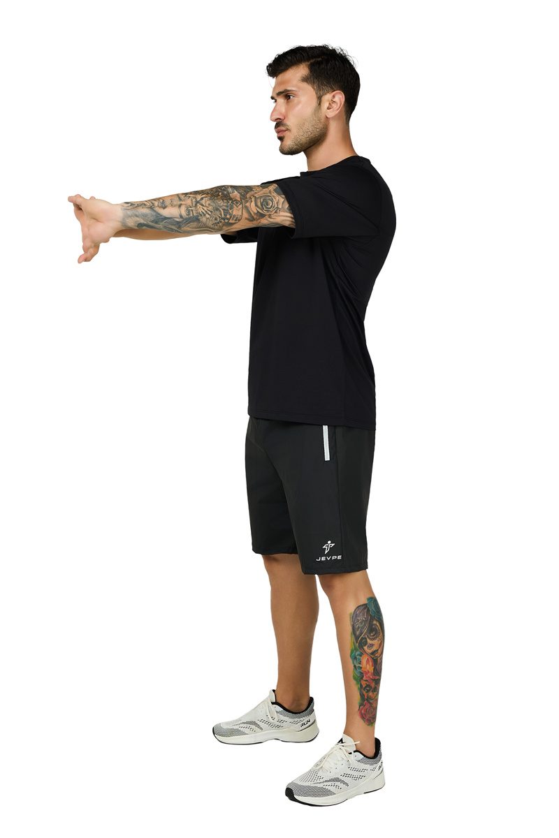 JEVPE men's black short sleeve athletic T-shirt with sweat-wicking, quick-dry fabric, slim fit, ideal for summer outdoor sports.