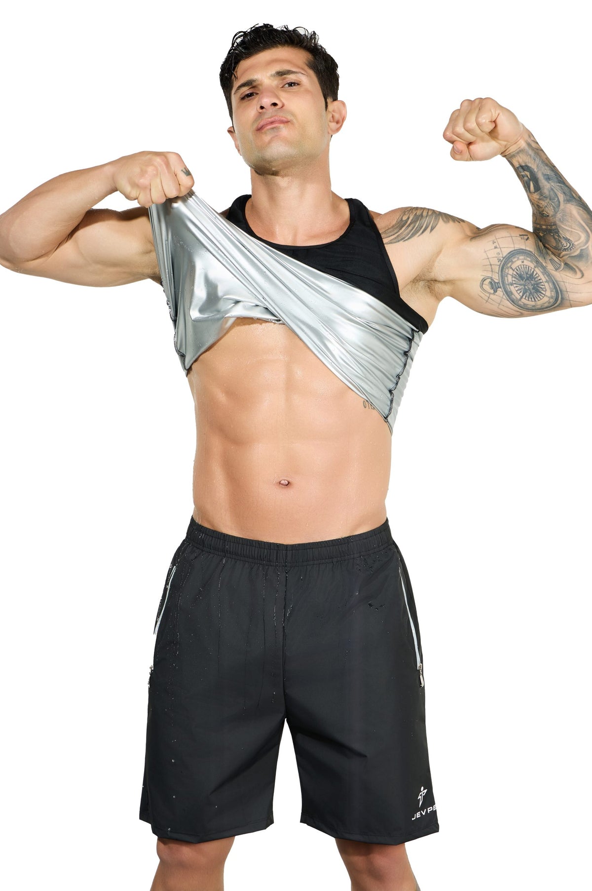JEVPE men's black compression tank top with high stretch seamless design, tummy control shaping, ideal for running and casual wear