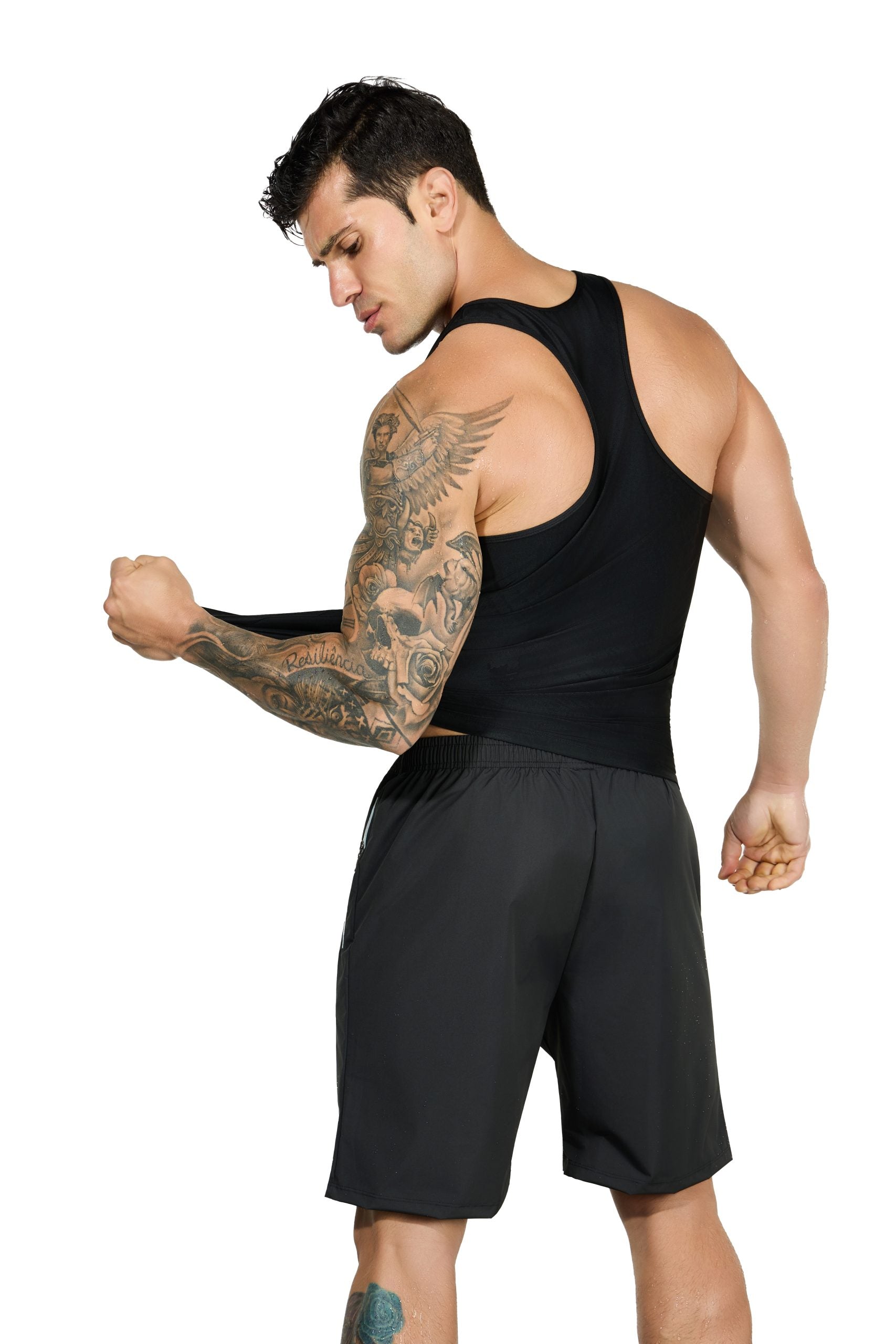 Black JEVPE men's compression tank top with seamless high-stretch design, tummy control shapewear, ideal for running and casual wear.