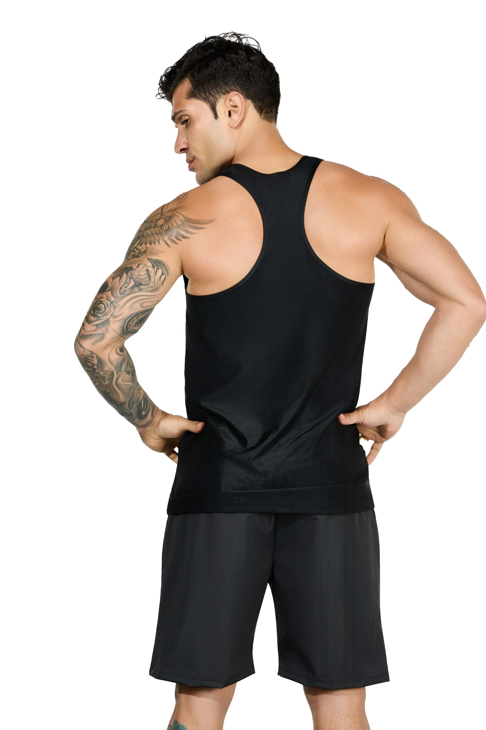 JEVPE men's black compression tank top with seamless design, high stretch fabric, and tummy control, suitable for running and casual wear.