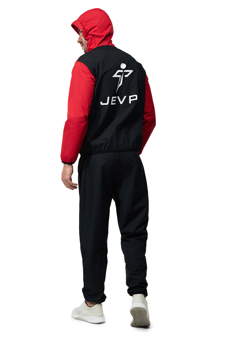 Black JEVPE Sauna Suit sportswear jacket and pants set for men and women, ideal for fitness training and workout sessions.