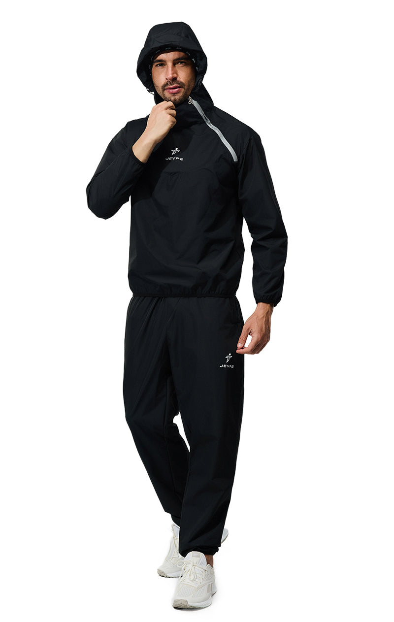 Black JEVPE sauna suit jacket and pants for men and women, designed for fitness training and workout sessions.