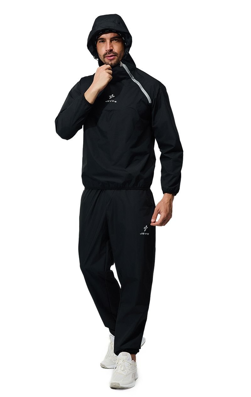 Black JEVPE sauna suit jacket and pants for men and women, designed for fitness training and workout sessions.