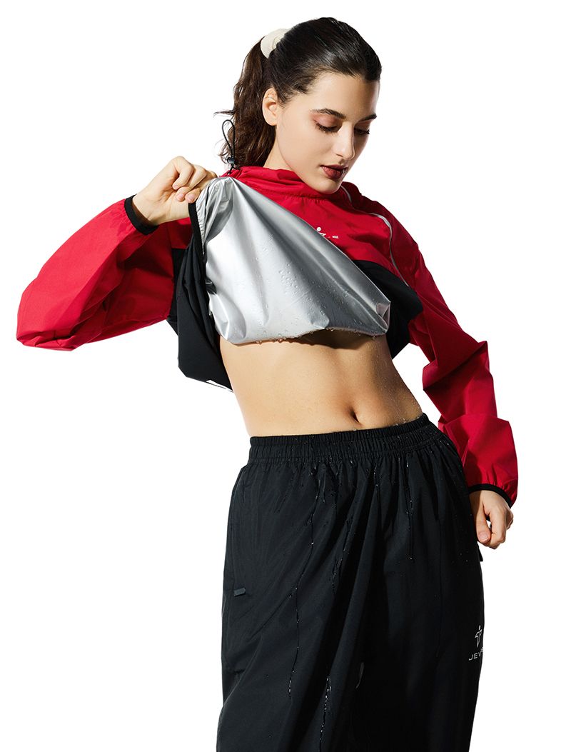 Black JEVPE sauna suit sportswear jacket and pants set for men and women, designed for fitness training and workout sessions.