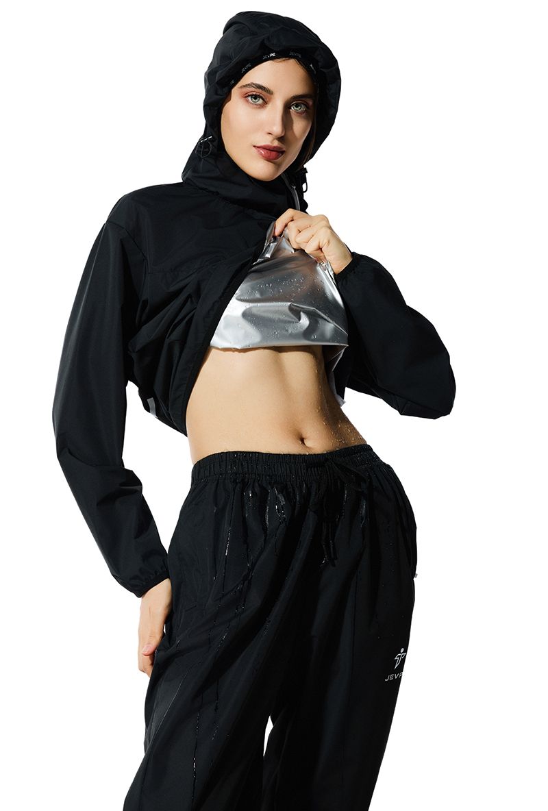 Black JEVPE Sauna Suit for men and women, includes jacket and pants, designed for fitness training and workout sessions.