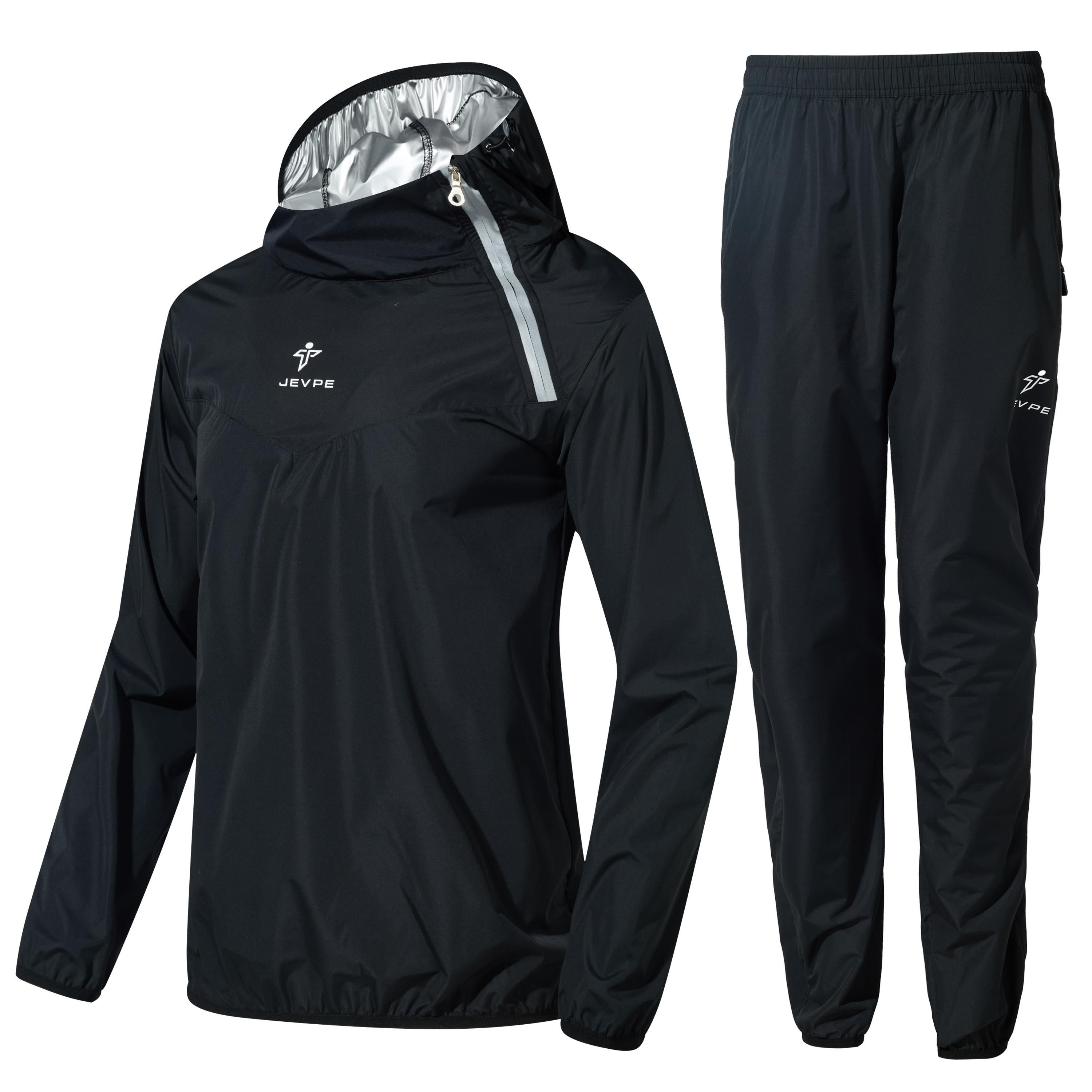 Black JEVPE sauna suit jacket and pants for men and women, designed for fitness training and sportswear.