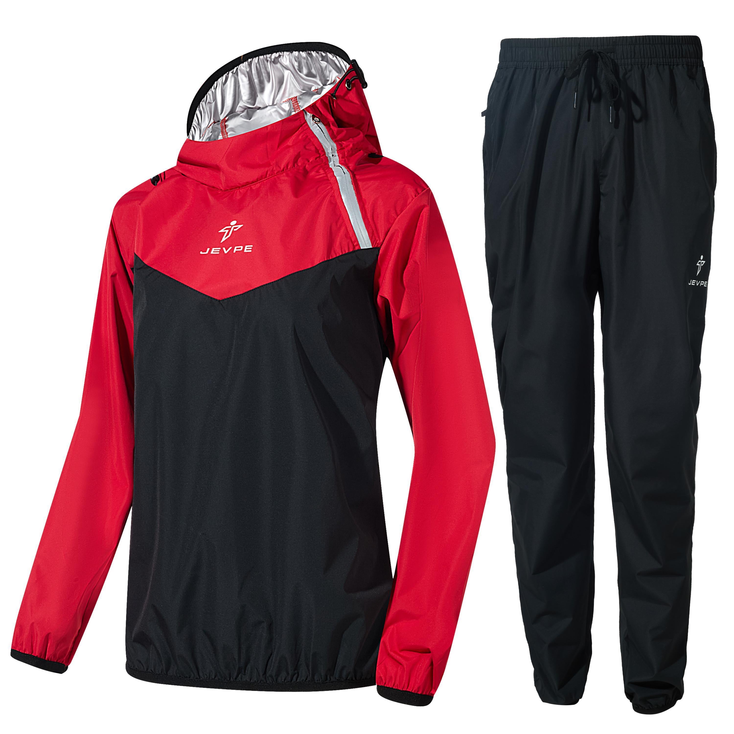 Black JEVPE sauna suit jacket and pants for men and women, designed for fitness training and workout sessions.