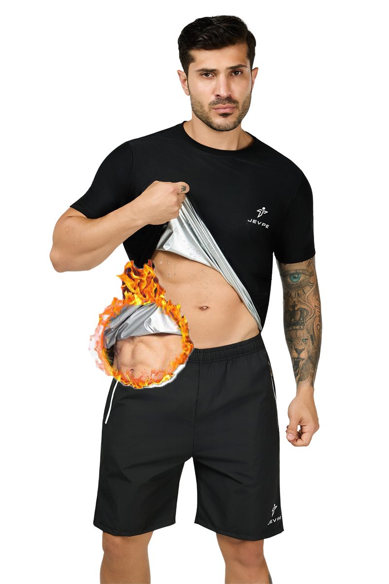 Black JEVPE men's sauna shirt, short sleeve compression athletic tee designed for workouts and performance baselayer.