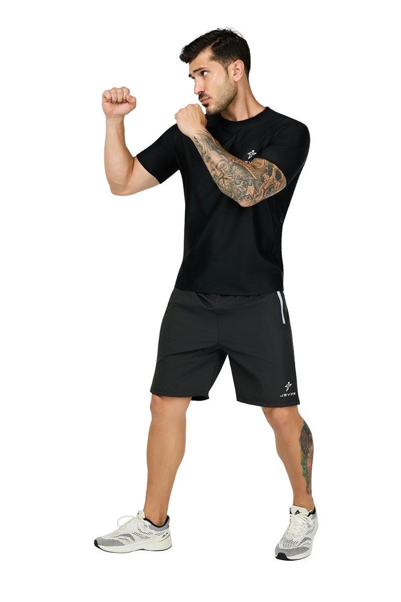 Black JEVPE men's sauna shirt, short sleeve compression tee designed for athletic workouts and performance baselayer.