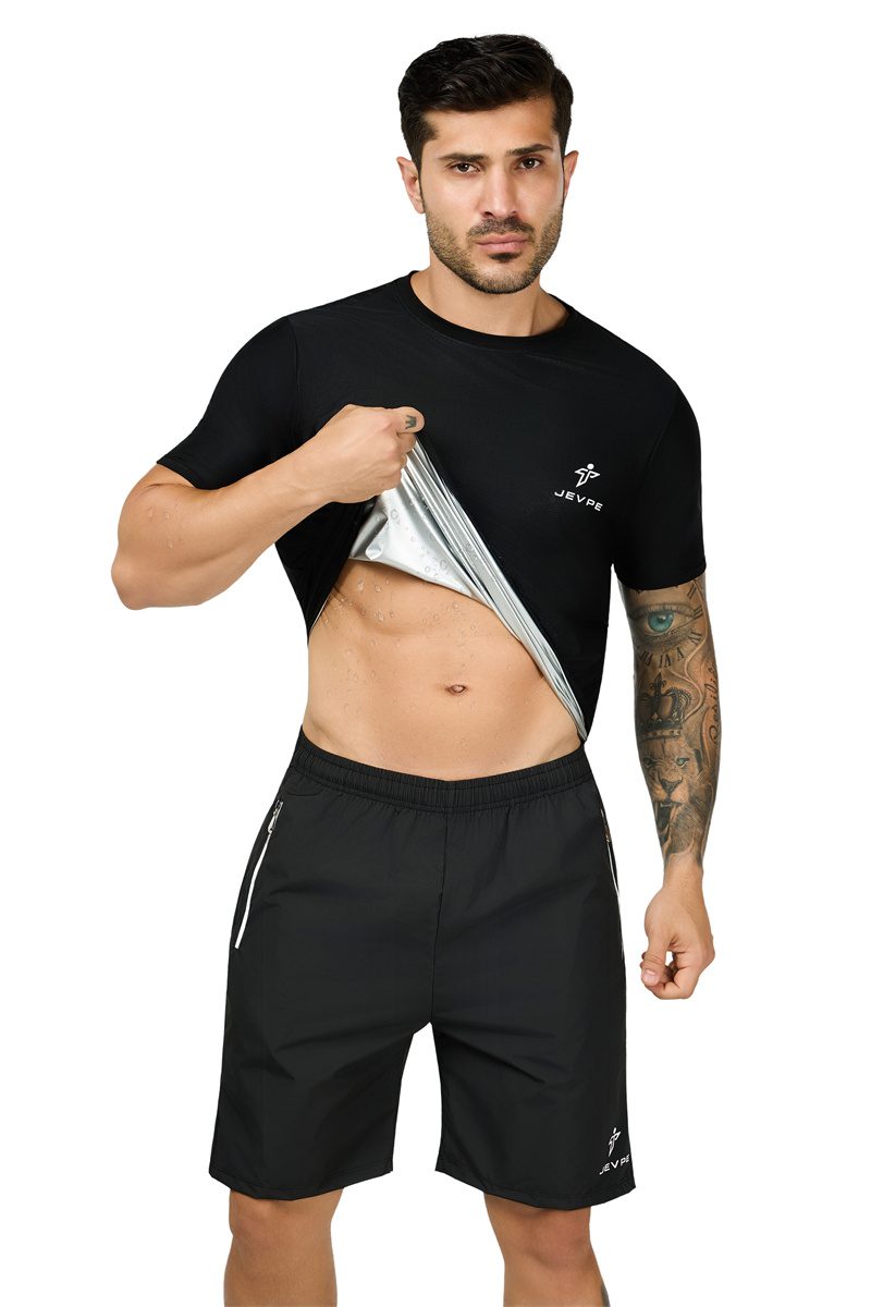 JEVPE men's black sauna shirt, short sleeve compression athletic tee, performance baselayer for workout and exercise.