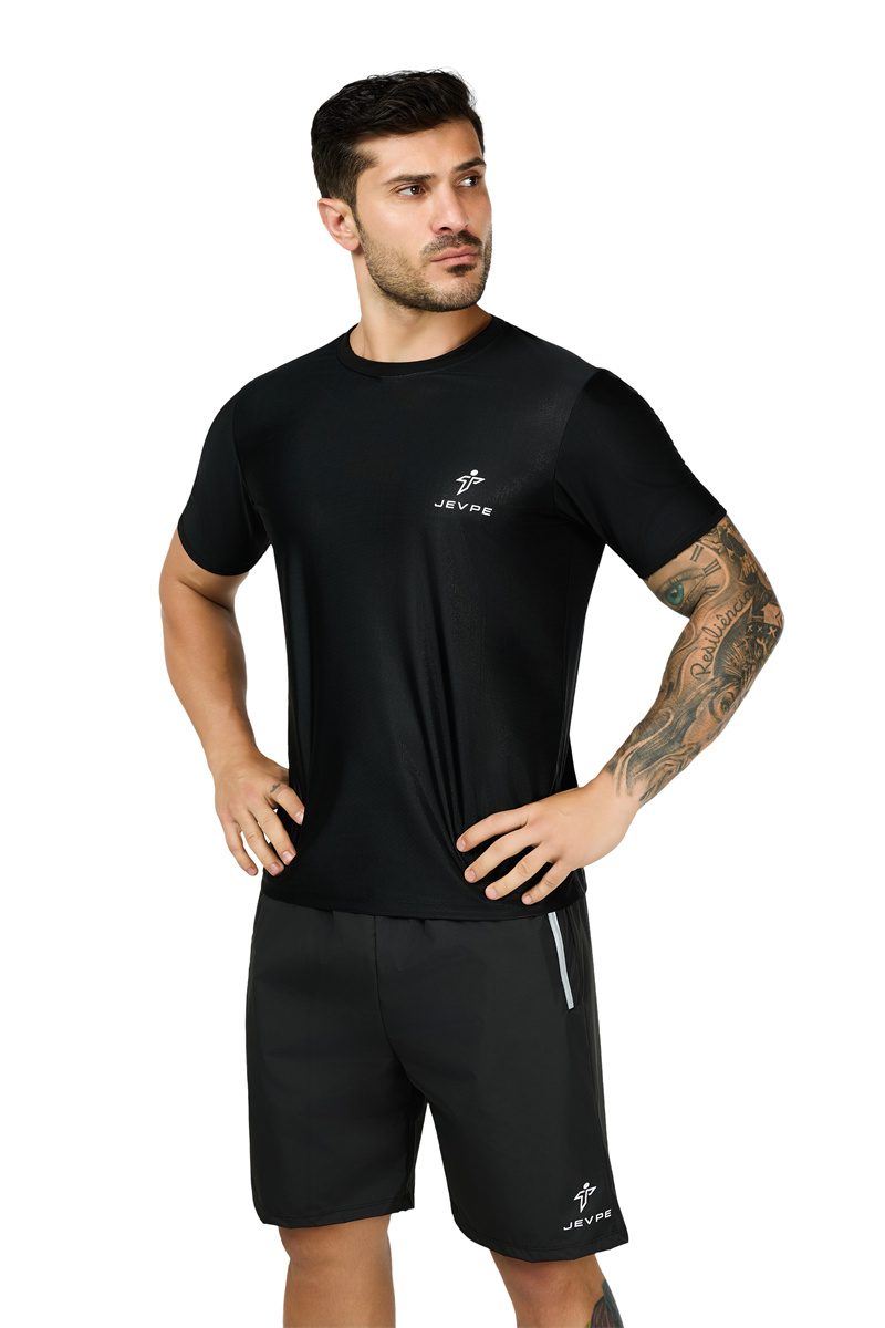 Black JEVPE men's sauna shirt, short sleeve athletic sweat shaper and compression tee for workout and performance baselayer.