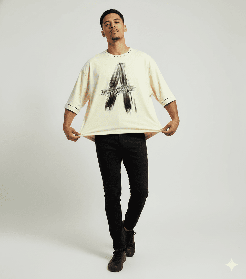 Cream beige oversized streetwear T-shirt by JEVPE featuring a brushstroke letter A and rivet details.