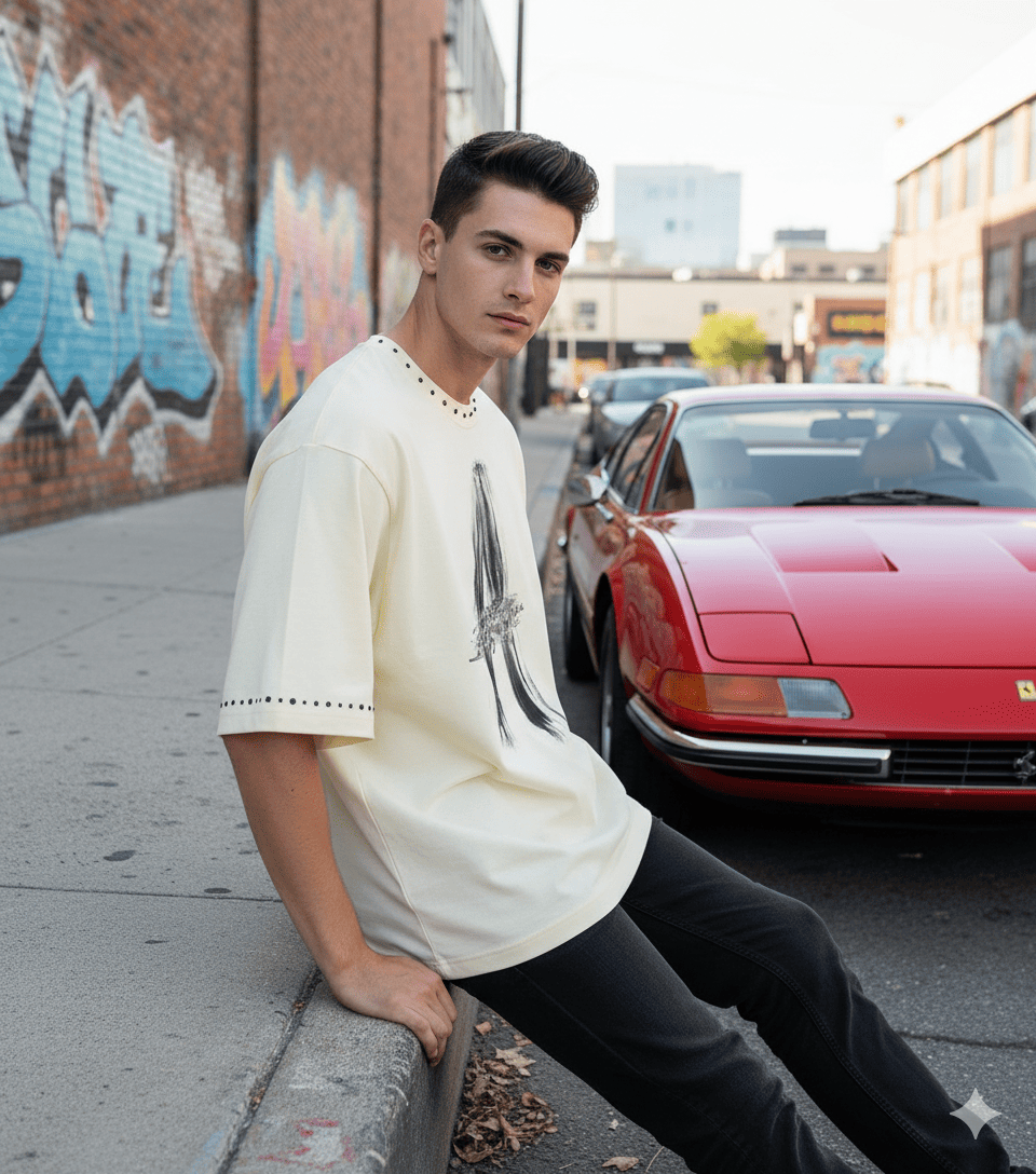 Cream beige oversized streetwear T-shirt by JEVPE featuring a brushstroke letter A and rivet details.