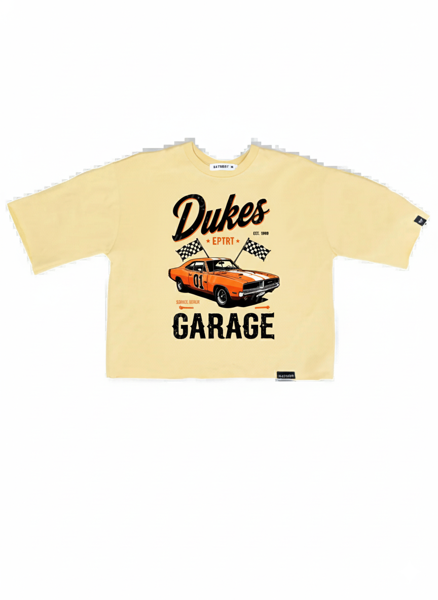 JEVPE oversized beige T-shirt featuring a vintage muscle car graphic and Dukes Garage Racing Car design.