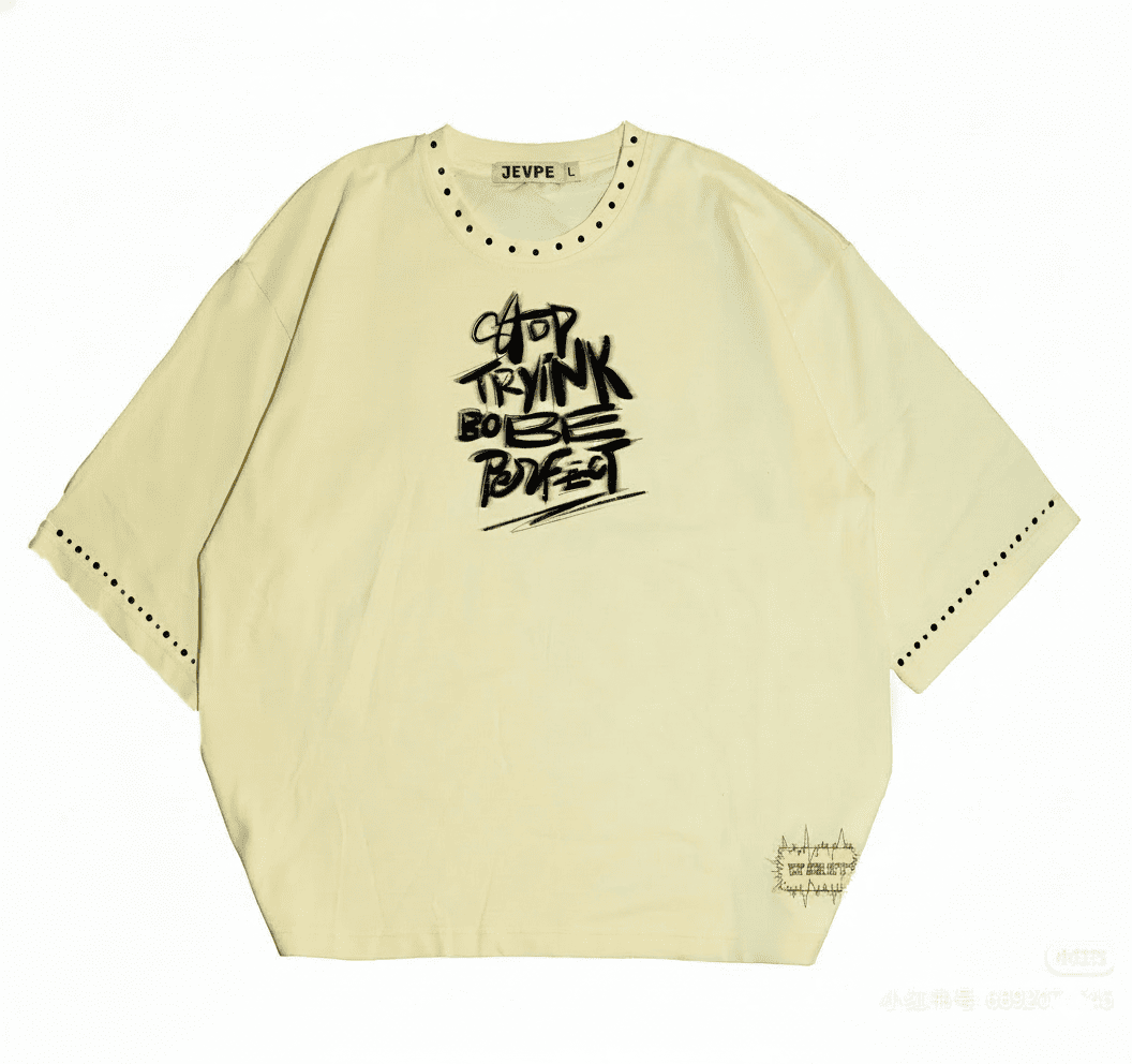 Beige JEVPE graffiti text oversized streetwear T-shirt with rivet details, casual fit, and bold urban design.