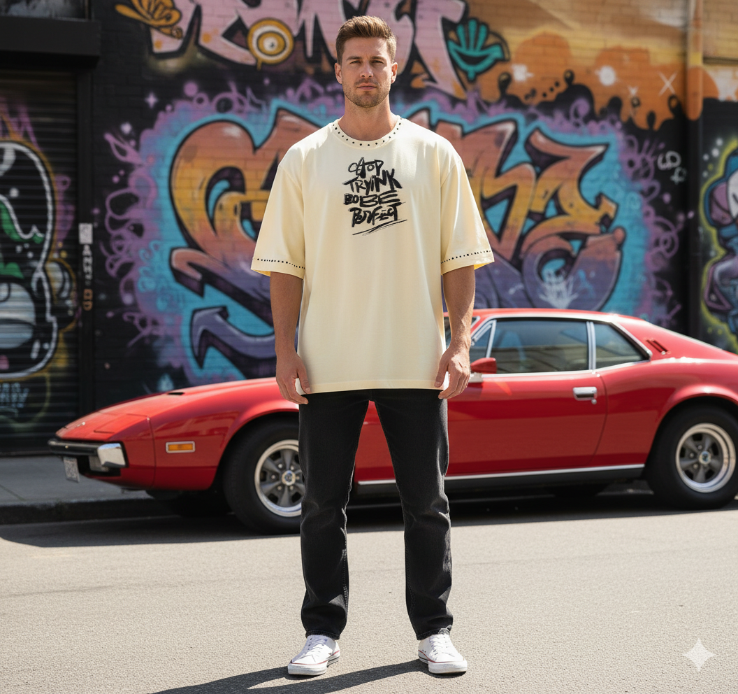 Beige JEVPE graffiti text oversized streetwear T-shirt with rivet detail, casual and stylish for everyday wear.