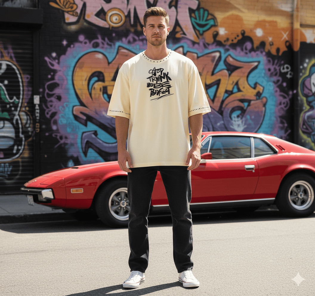 Beige JEVPE graffiti text oversized streetwear T-shirt with rivet detail, casual and stylish for everyday wear.